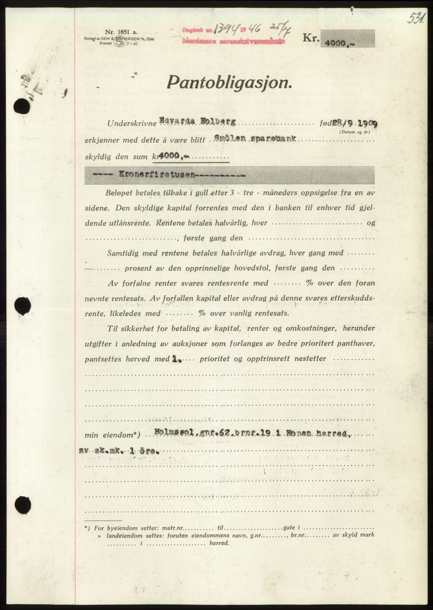 Nordmøre sorenskriveri, AV/SAT-A-4132/1/2/2Ca: Pantebok nr. B94, 1946-1946, Dagboknr: 1394/1946