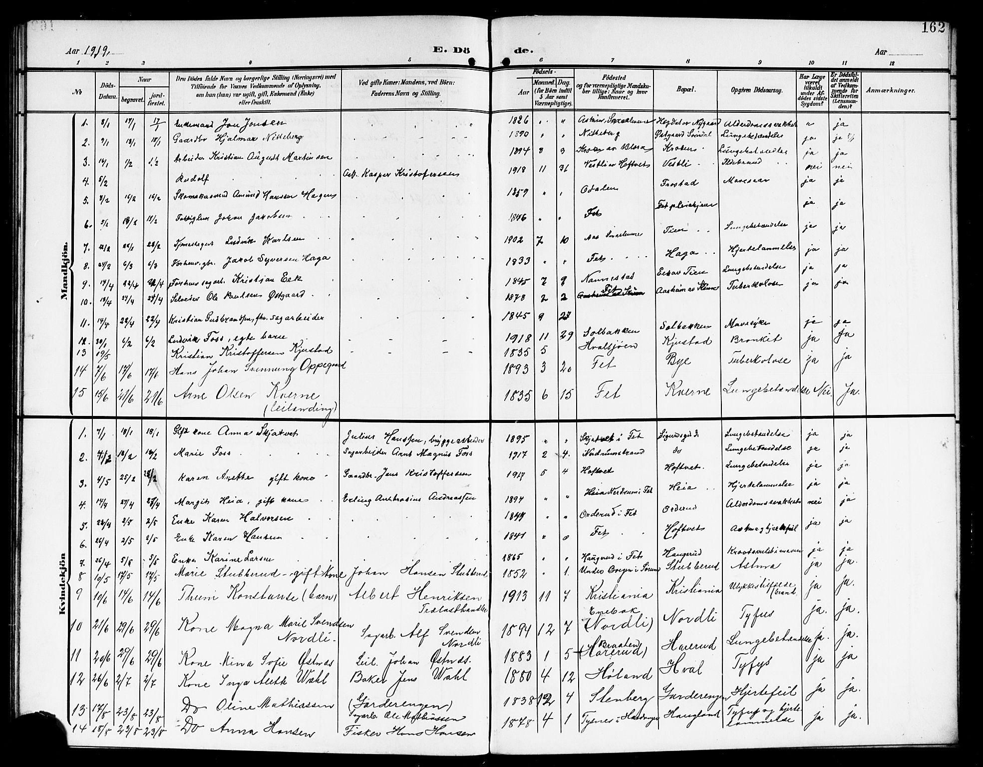 Fet prestekontor Kirkebøker, AV/SAO-A-10370a/G/Ga/L0008: Klokkerbok nr. I 8, 1907-1920, s. 162