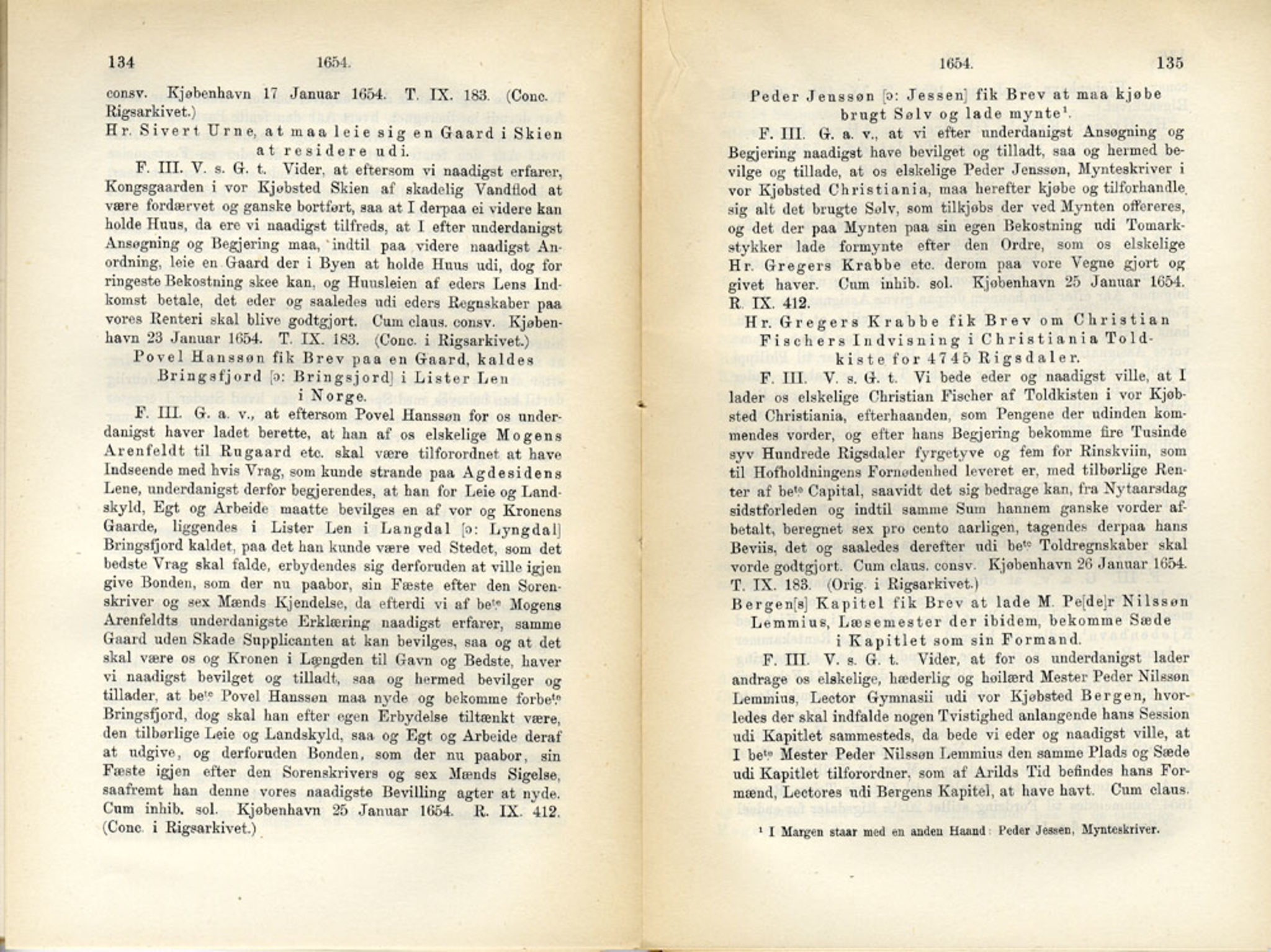 Publikasjoner utgitt av Det Norske Historiske Kildeskriftfond, PUBL/-/-/-: Norske Rigs-Registranter, bind 11, 1653-1656, s. 134-135