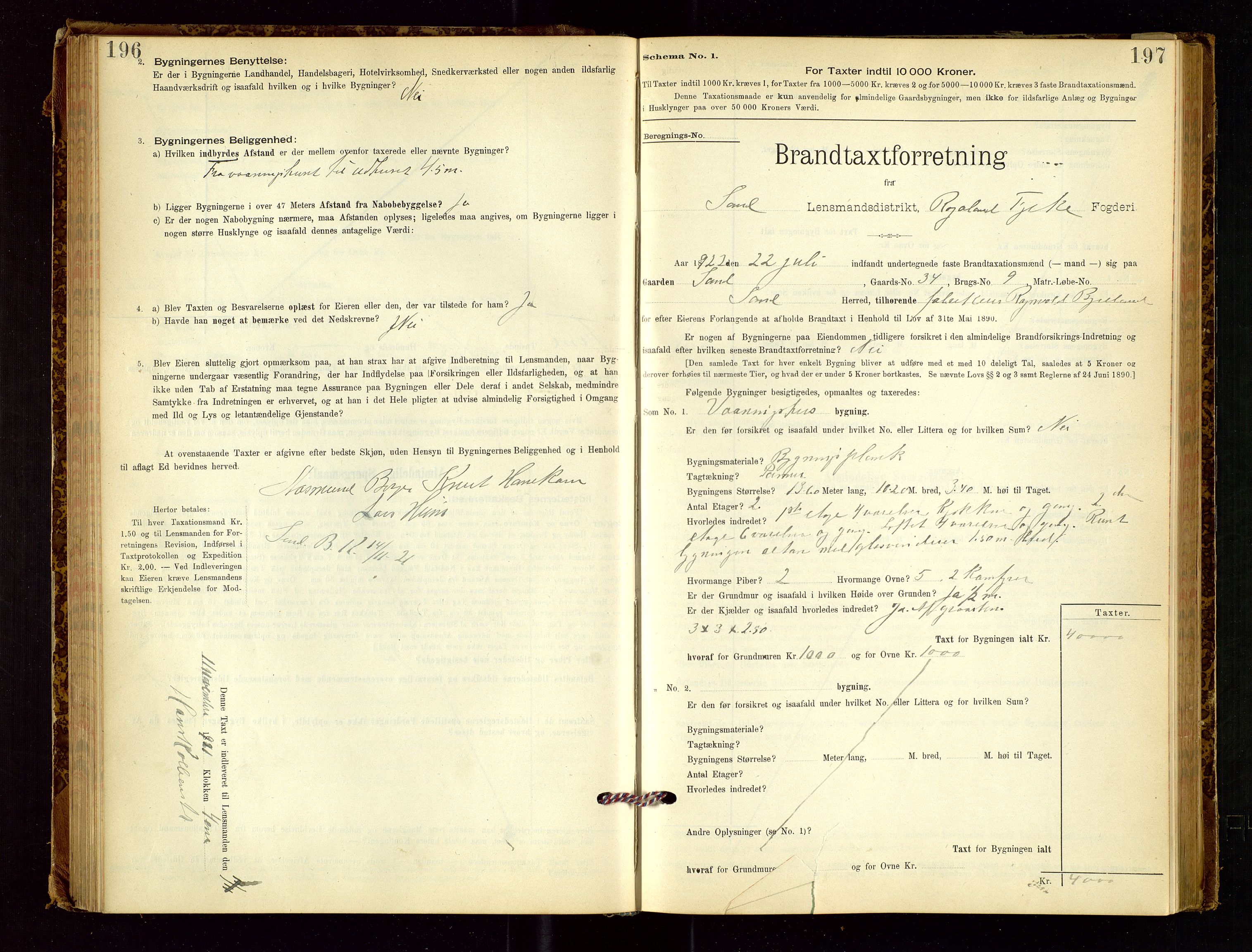 Sand lensmannskontor, AV/SAST-A-100415/Goc/L0001: "Brandtaxationsprotokol", 1895-1935, s. 196-197