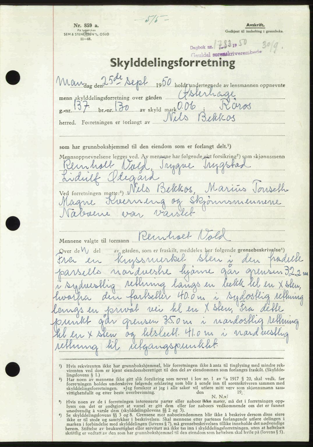 Gauldal sorenskriveri, SAT/A-0014/1/2/2C: Pantebok nr. A11, 1950-1950, Dagboknr: 1783/1950