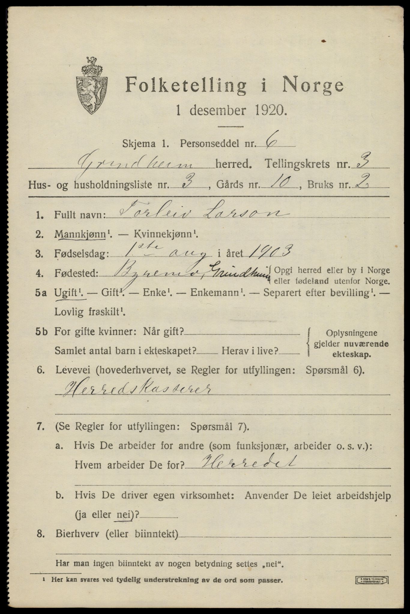 SAK, Folketelling 1920 for 1025 Grindheim herred, 1920, s. 921