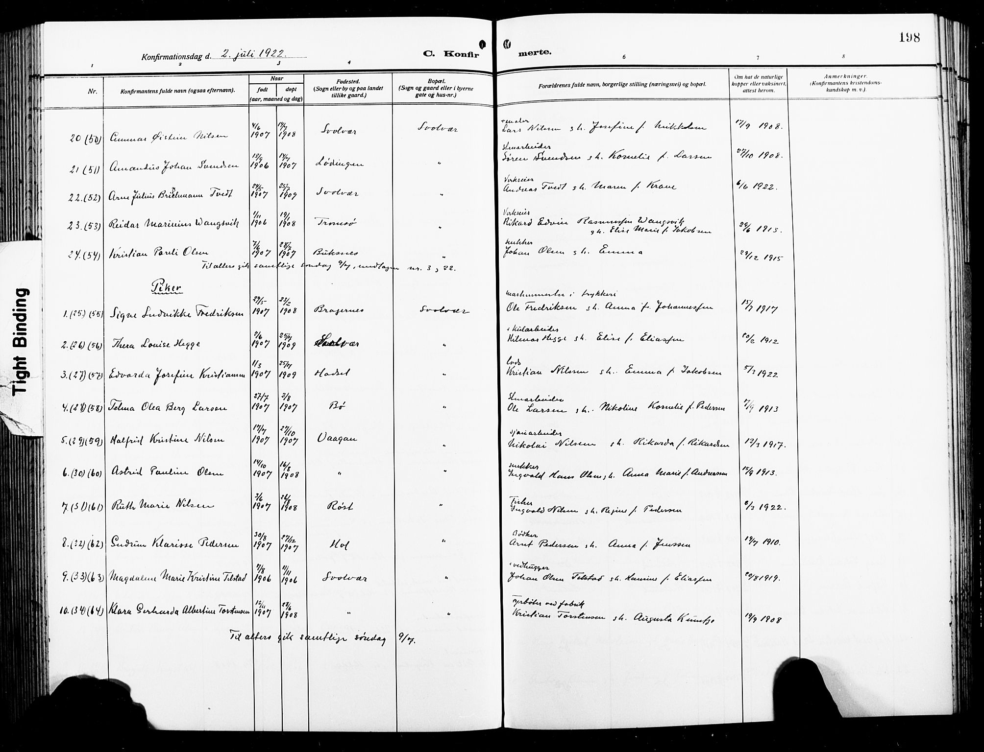 Ministerialprotokoller, klokkerbøker og fødselsregistre - Nordland, AV/SAT-A-1459/874/L1080: Klokkerbok nr. 874C09, 1915-1925, s. 198