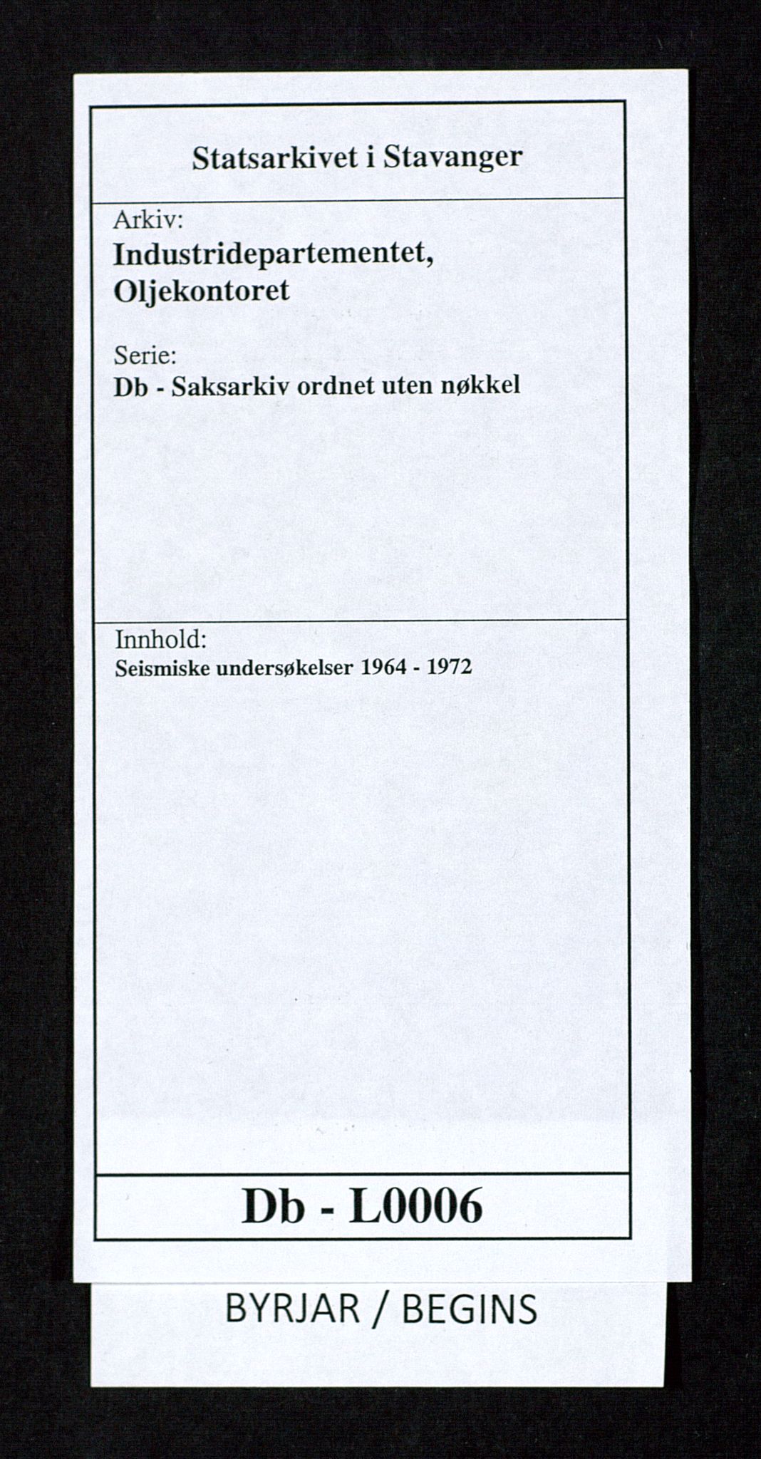 Industridepartementet, Oljekontoret, SAST/A-101348/Db/L0006: Seismiske undersøkelser, 1964-1972, s. 1