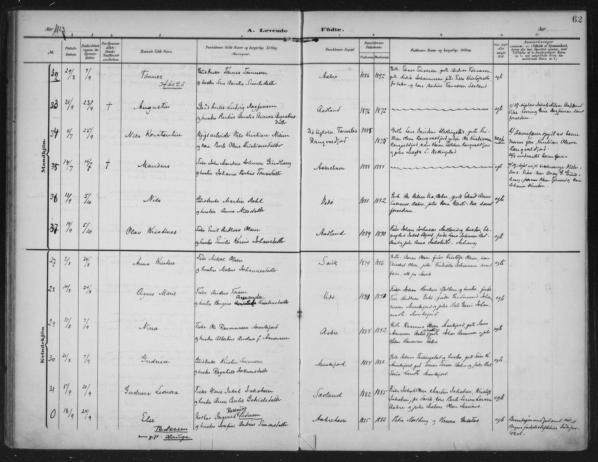 Kopervik sokneprestkontor, AV/SAST-A-101850/H/Ha/Haa/L0005: Ministerialbok nr. A 5, 1906-1924, s. 62