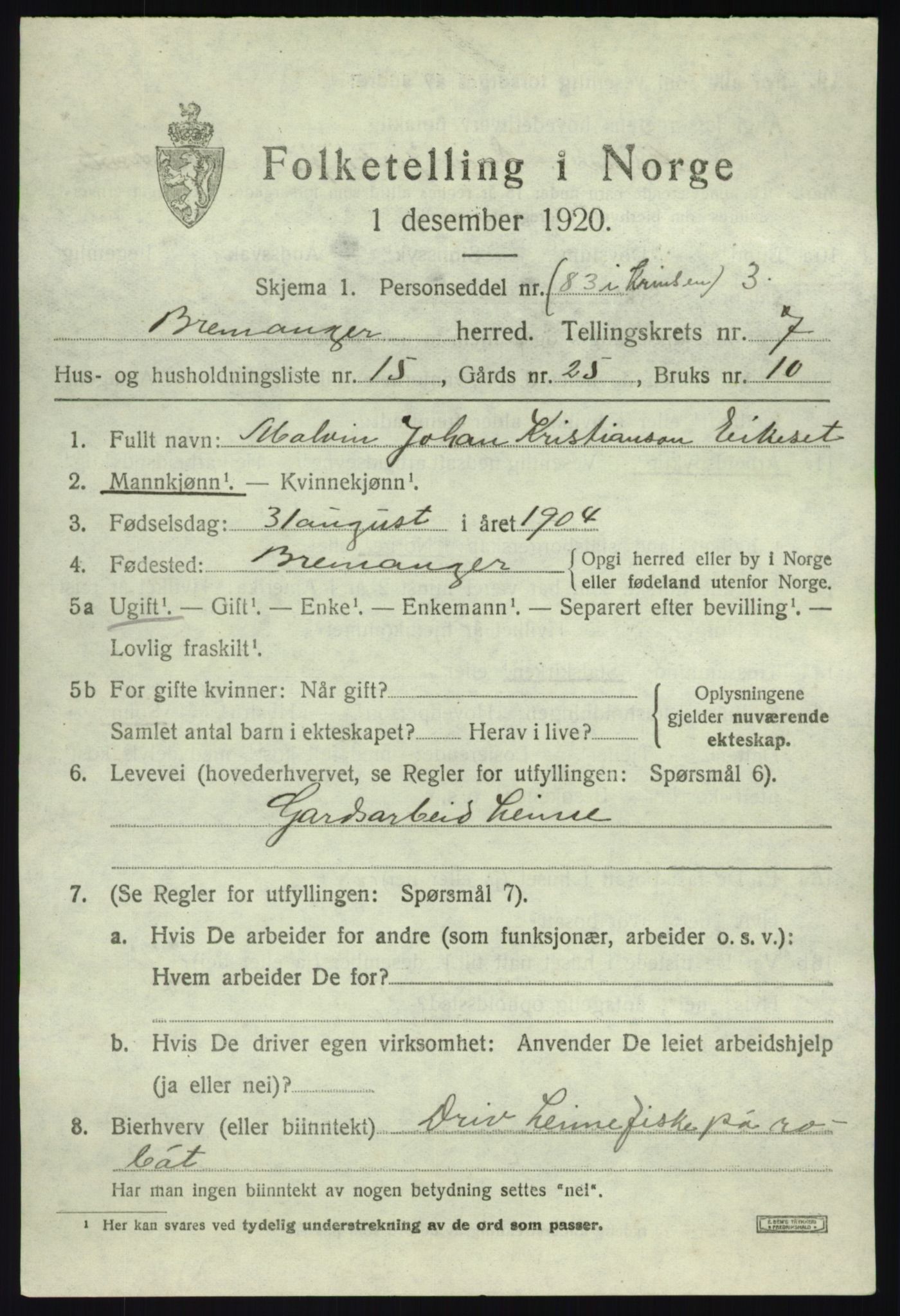 SAB, Folketelling 1920 for 1438 Bremanger herred, 1920, s. 4566
