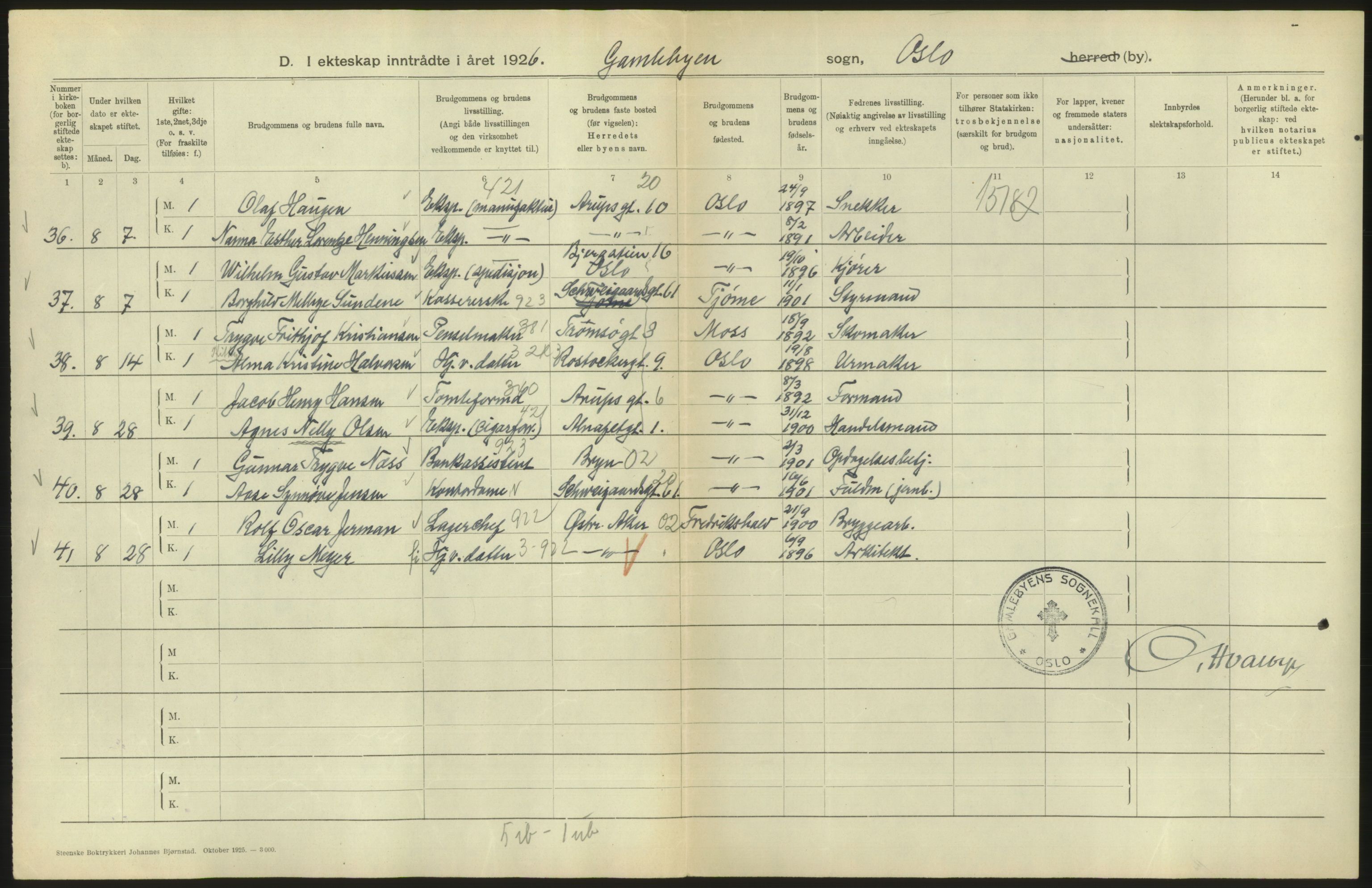 Statistisk sentralbyrå, Sosiodemografiske emner, Befolkning, AV/RA-S-2228/D/Df/Dfc/Dfcf/L0008: Oslo: Gifte, 1926, s. 510