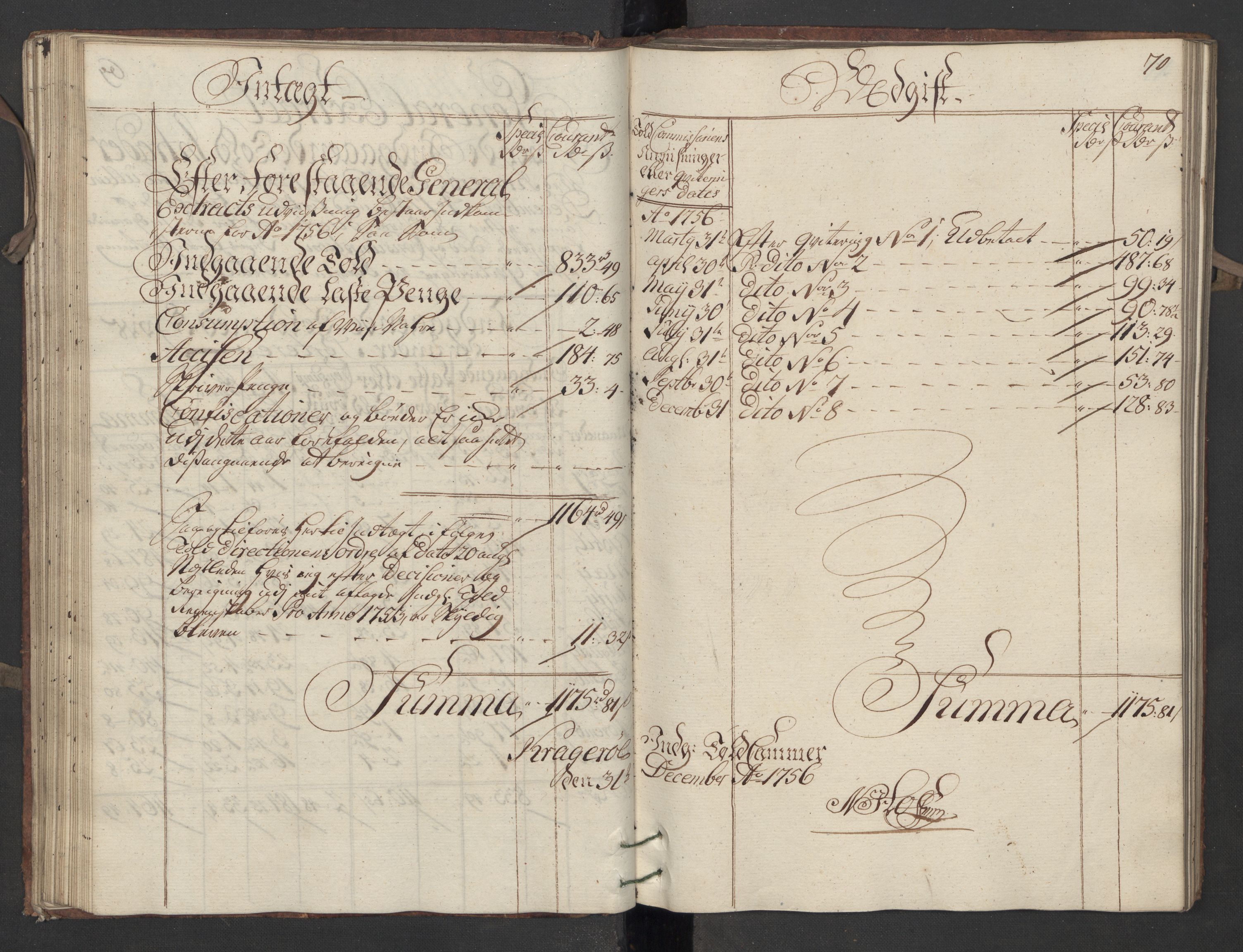 Generaltollkammeret, tollregnskaper, AV/RA-EA-5490/R13/L0020/0001: Tollregnskaper Kragerø / Inngående hovedtollbok, 1756, s. 69b-70a