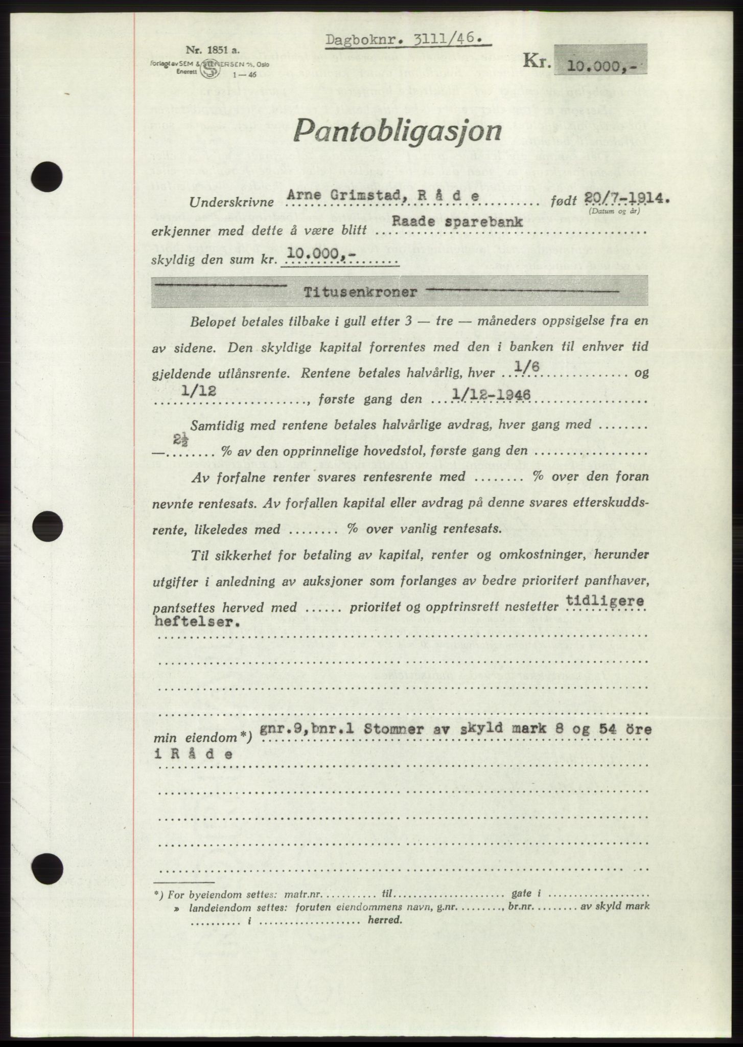 Moss sorenskriveri, SAO/A-10168: Pantebok nr. B16, 1946-1947, Dagboknr: 3111/1946