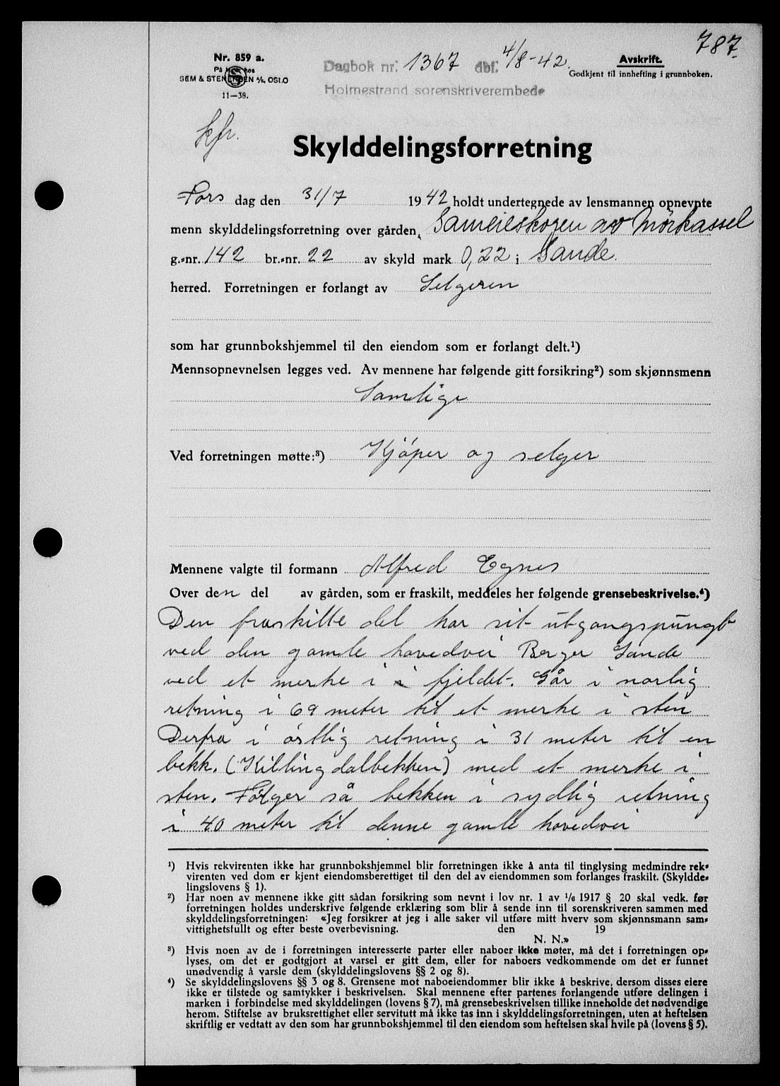 Holmestrand sorenskriveri, SAKO/A-67/G/Ga/Gaa/L0055: Pantebok nr. A-55, 1942-1942, Dagboknr: 1367/1942