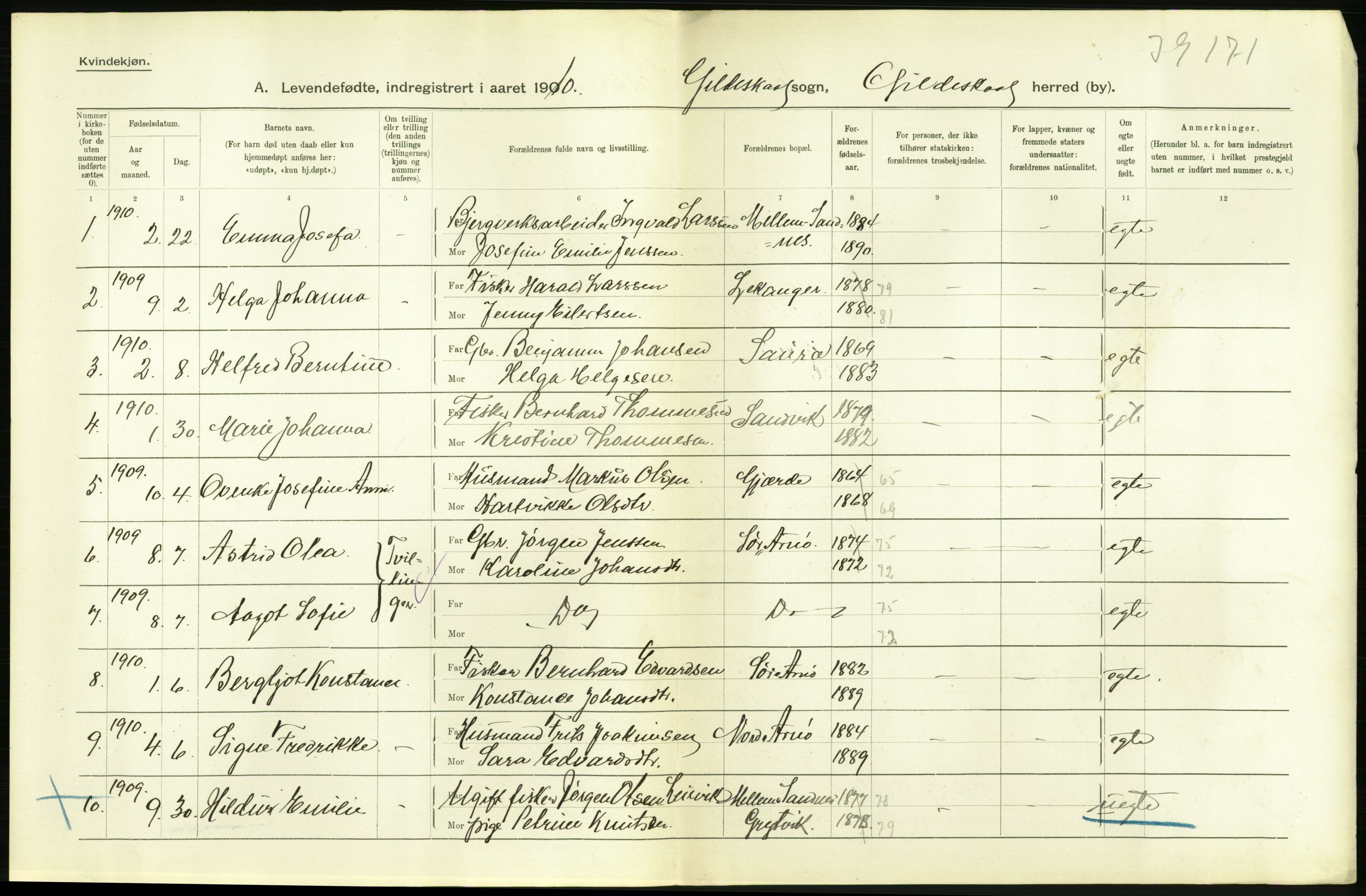 Statistisk sentralbyrå, Sosiodemografiske emner, Befolkning, AV/RA-S-2228/D/Df/Dfa/Dfah/L0040: Nordlands amt: Levendefødte menn og kvinner. Bygder., 1910, s. 24