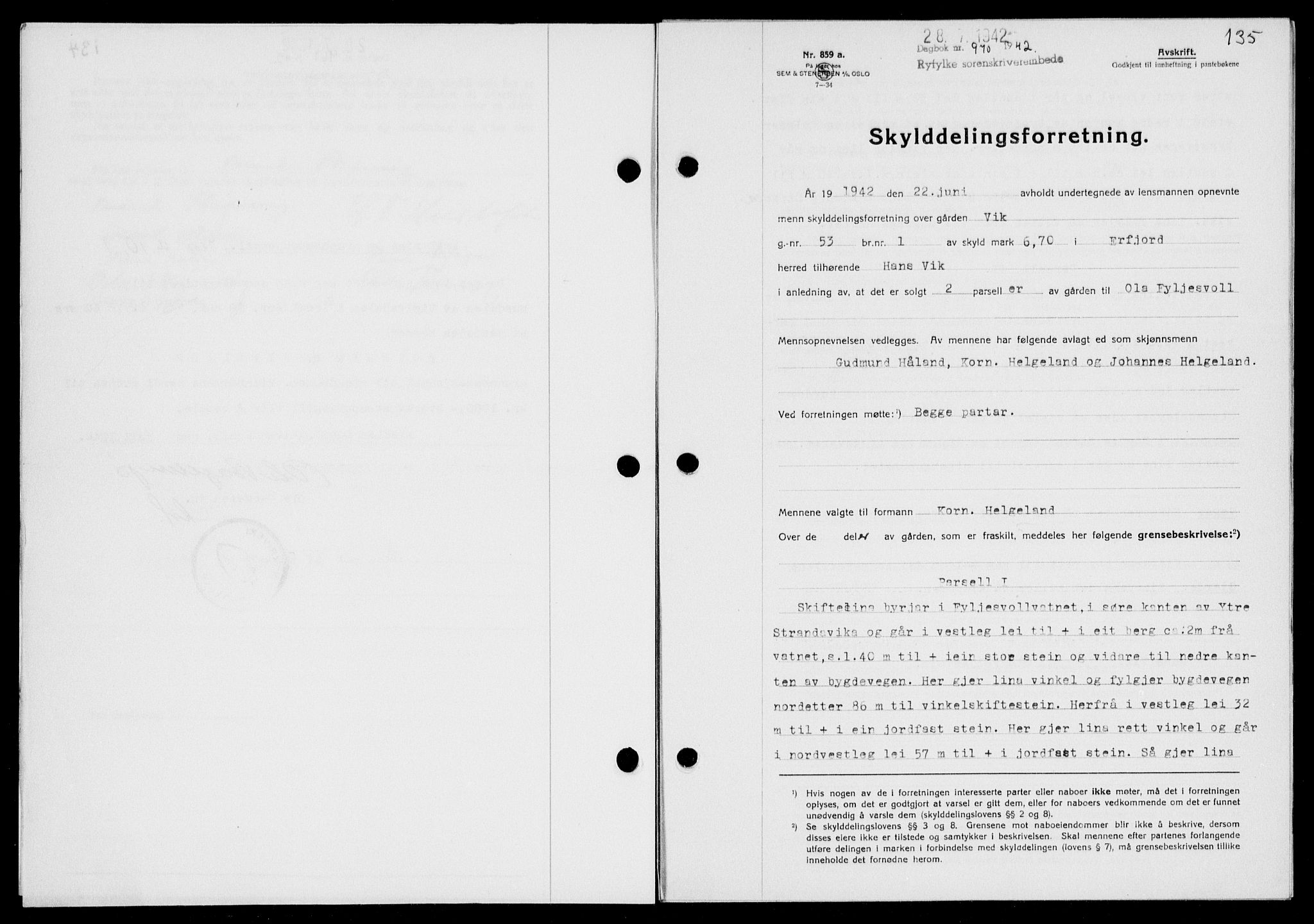 Ryfylke tingrett, SAST/A-100055/001/II/IIB/L0088: Pantebok nr. 67, 1942-1942, Dagboknr: 970/1942
