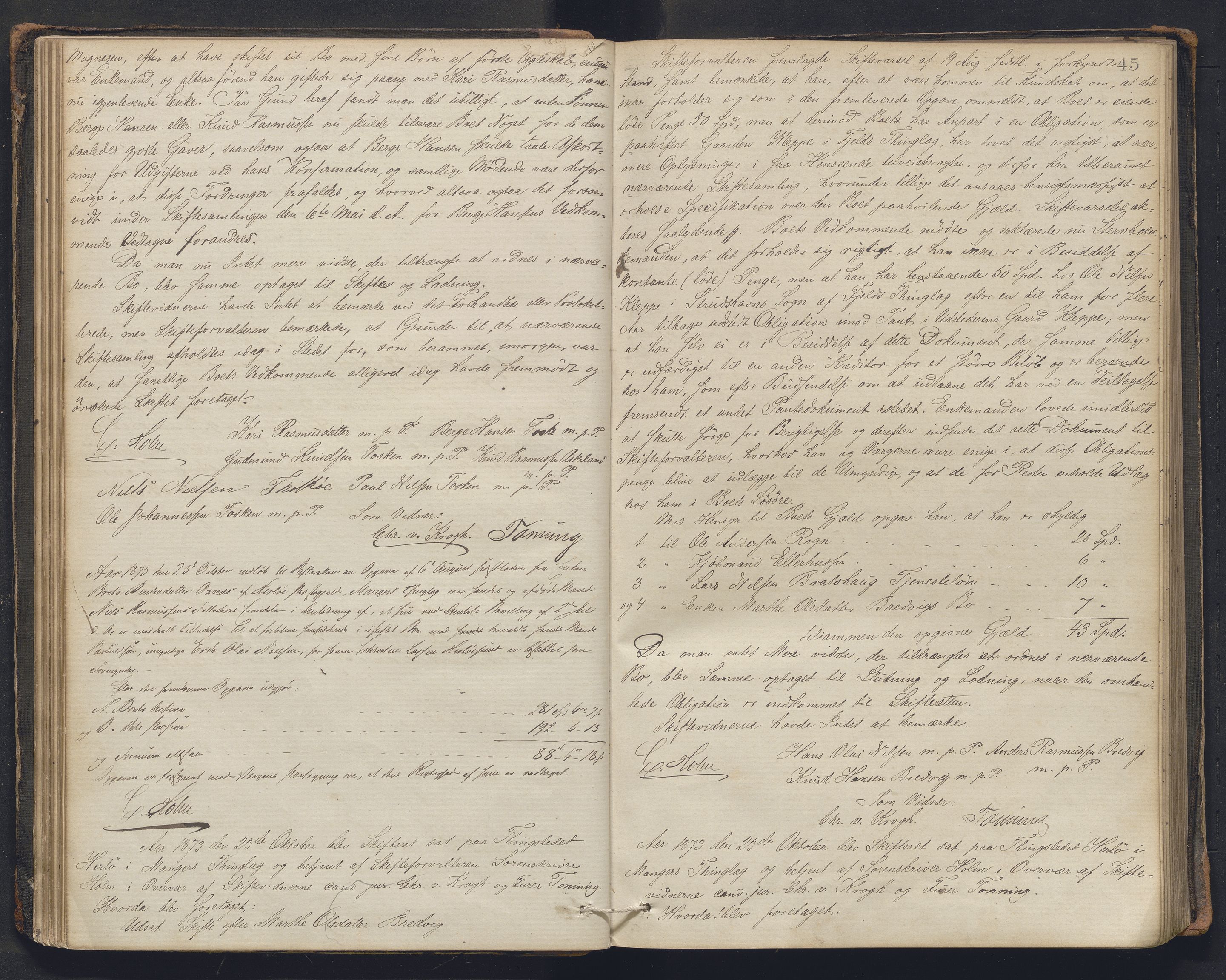 Nordhordland sorenskrivar, AV/SAB-A-2901/1/H/Hc/L0002: Skifteforhandlingsprotokollar, 1871-1878, s. 45