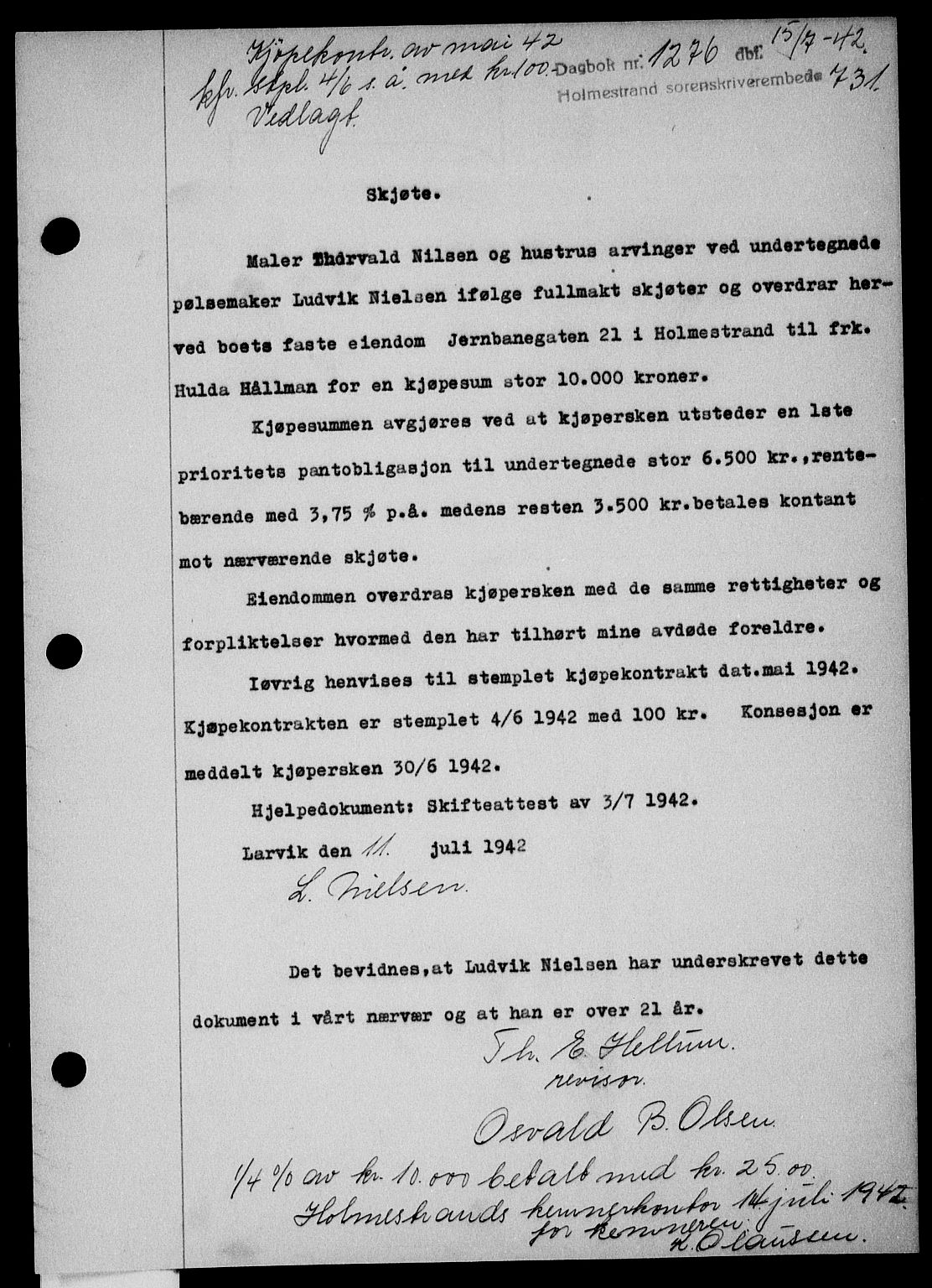Holmestrand sorenskriveri, SAKO/A-67/G/Ga/Gaa/L0055: Pantebok nr. A-55, 1942-1942, Dagboknr: 1276/1942