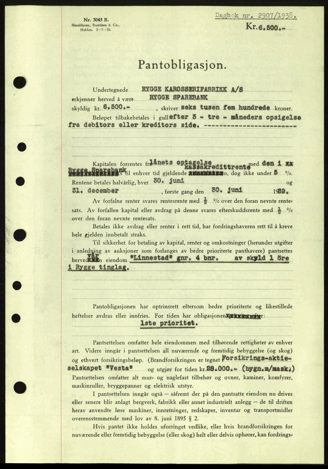 Moss sorenskriveri, SAO/A-10168: Pantebok nr. B6, 1938-1938, Dagboknr: 2907/1938