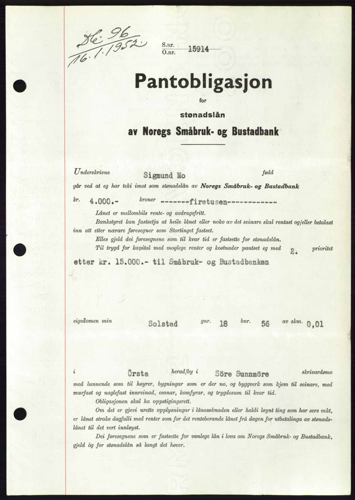 Søre Sunnmøre sorenskriveri, AV/SAT-A-4122/1/2/2C/L0121: Pantebok nr. 9B, 1951-1952, Dagboknr: 96/1952