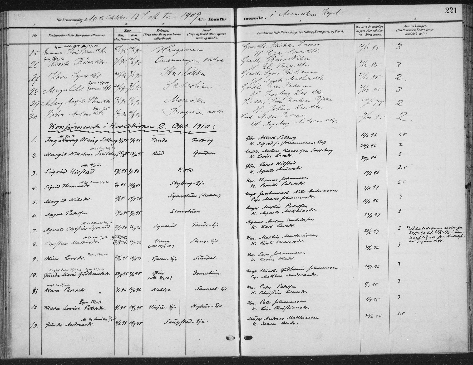 Ringsaker prestekontor, AV/SAH-PREST-014/K/Ka/L0018: Ministerialbok nr. 18, 1903-1912, s. 221