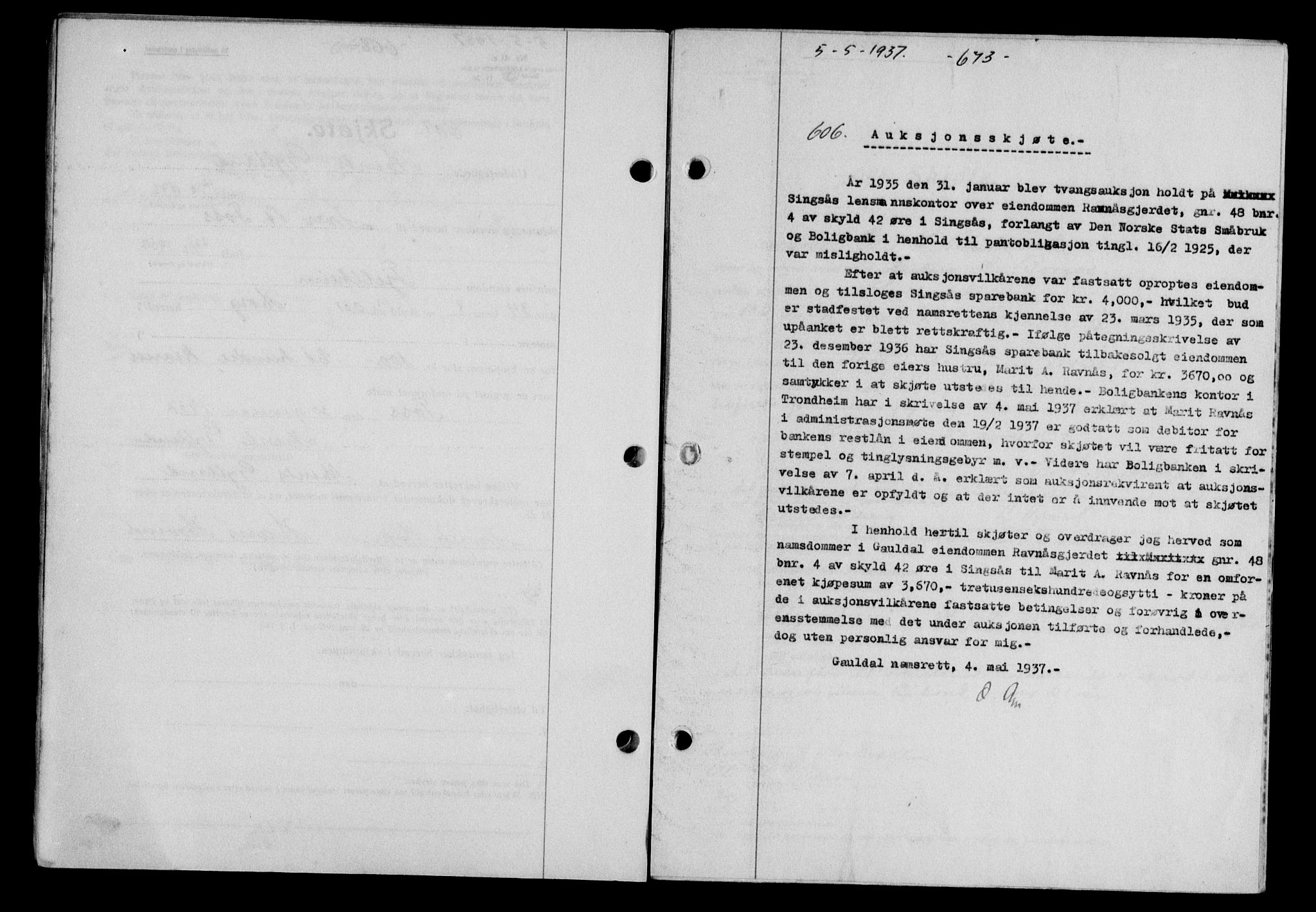 Gauldal sorenskriveri, SAT/A-0014/1/2/2C/L0047: Pantebok nr. 50-51, 1937-1937, Dagboknr: 606/1937