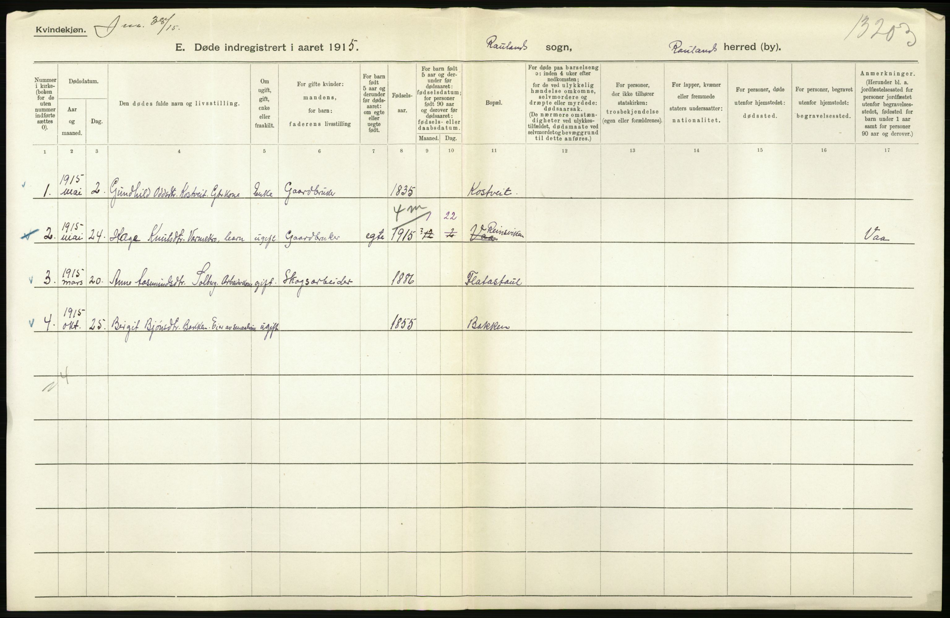 Statistisk sentralbyrå, Sosiodemografiske emner, Befolkning, RA/S-2228/D/Df/Dfb/Dfbe/L0022: Bratsberg amt: Døde, dødfødte. Bygder og byer., 1915, s. 340