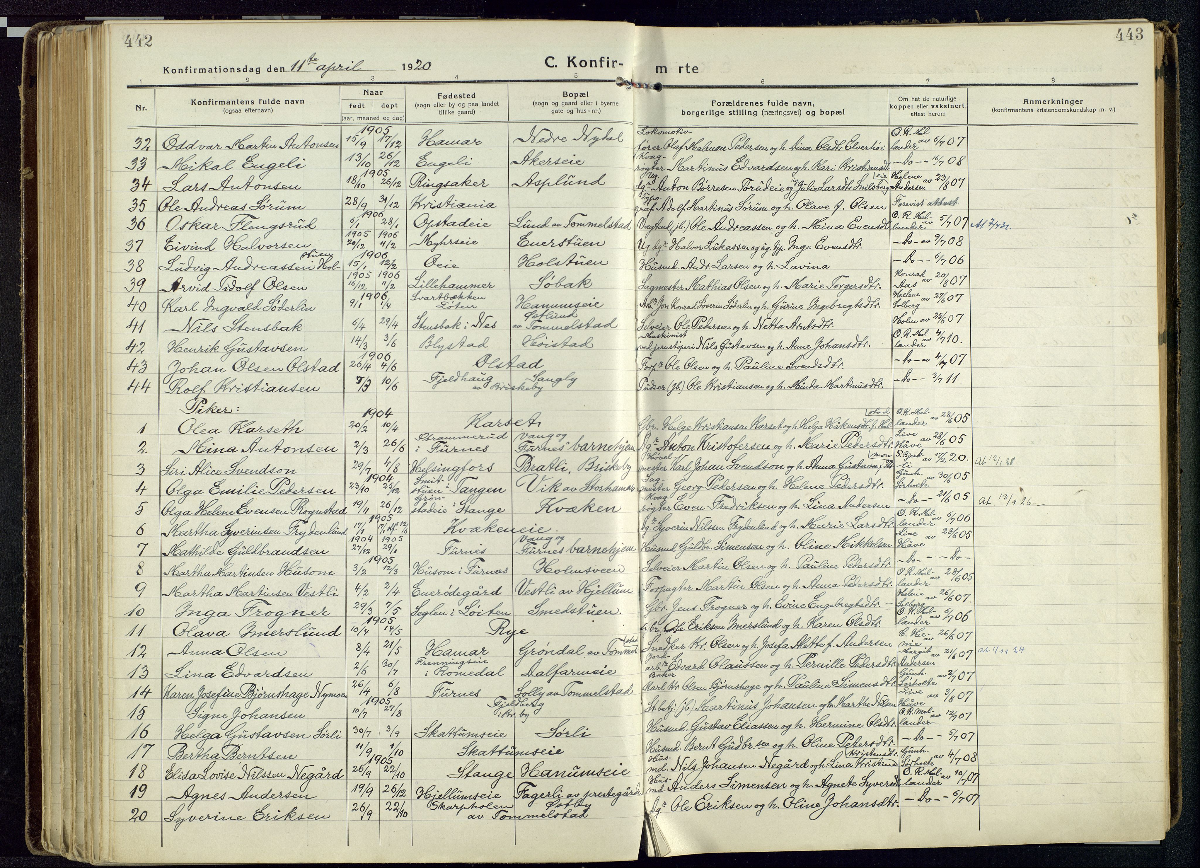 Vang prestekontor, Hedmark, AV/SAH-PREST-008/H/Ha/Haa/L0022: Ministerialbok nr. 22, 1918-1944, s. 442-443