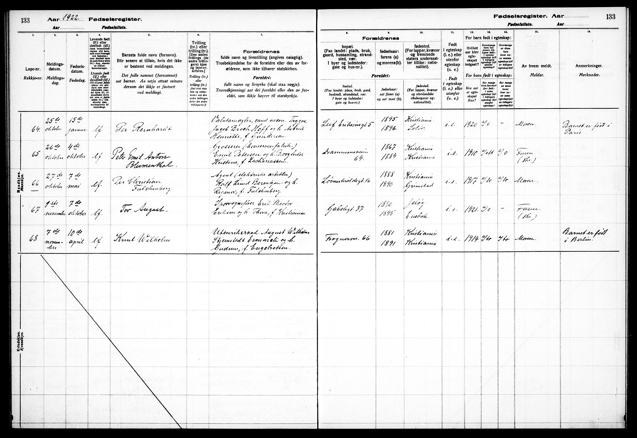 Frogner prestekontor Kirkebøker, AV/SAO-A-10886/J/Ja/L0001: Fødselsregister nr. 1, 1916-1927, s. 133