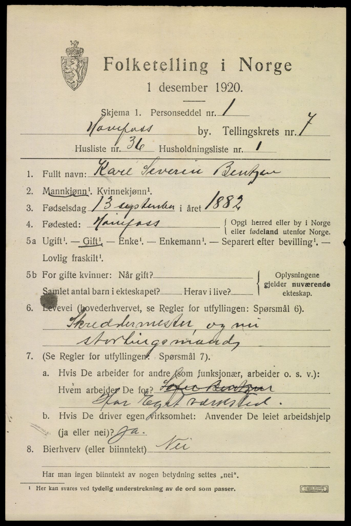 SAKO, Folketelling 1920 for 0601 Hønefoss kjøpstad, 1920, s. 8494
