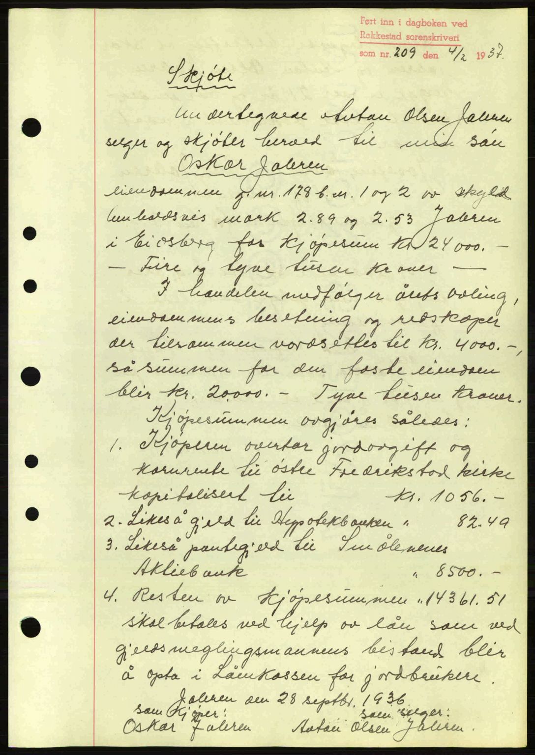 Rakkestad sorenskriveri, SAO/A-10686/G/Gb/Gba/Gbab/L0001: Pantebok nr. A1, 1936-1937, Dagboknr: 209/1937