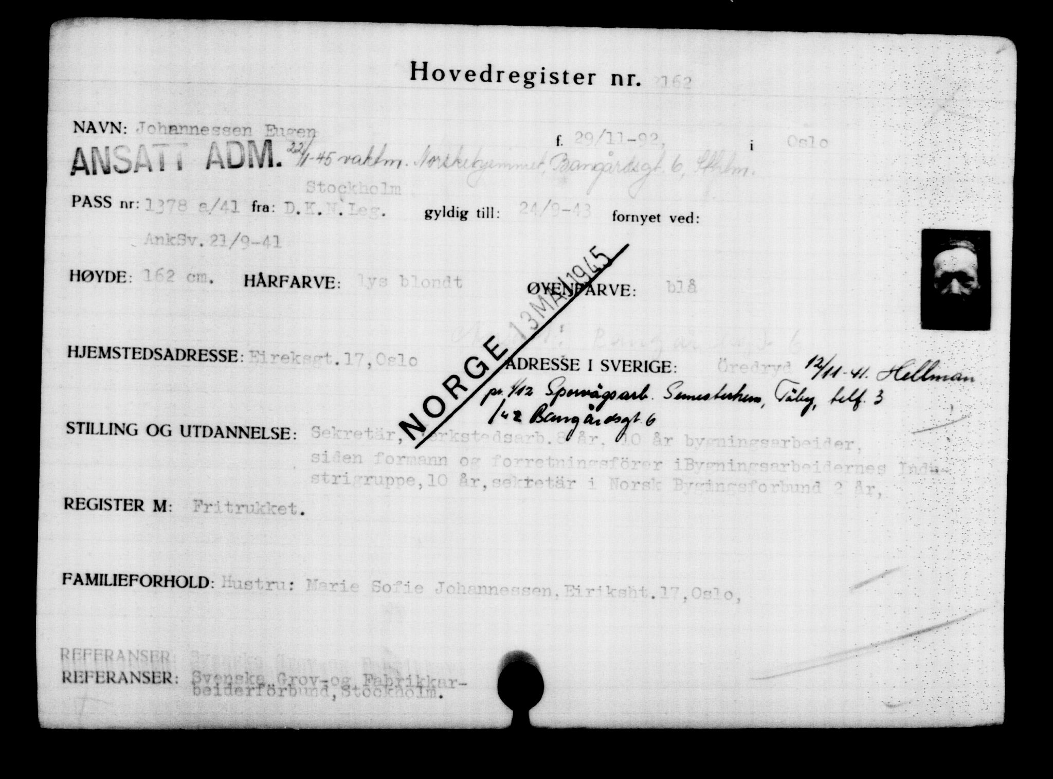 Utenriksstasjonene, Legasjonen i Stockholm, Flyktningkontoret, AV/RA-S-6753/V/Va/L0003: Kjesäterkartoteket, flyktninger med registreringsnr. 2001-3495, 1940-1945, s. 226
