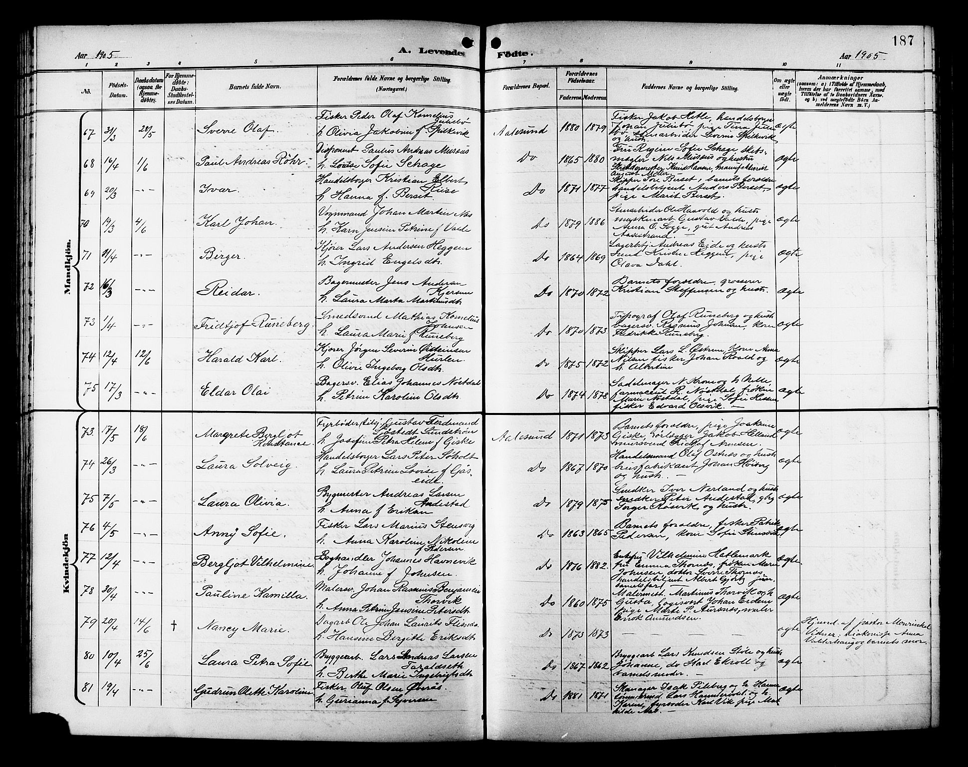 Ministerialprotokoller, klokkerbøker og fødselsregistre - Møre og Romsdal, AV/SAT-A-1454/529/L0468: Klokkerbok nr. 529C05, 1897-1908, s. 187