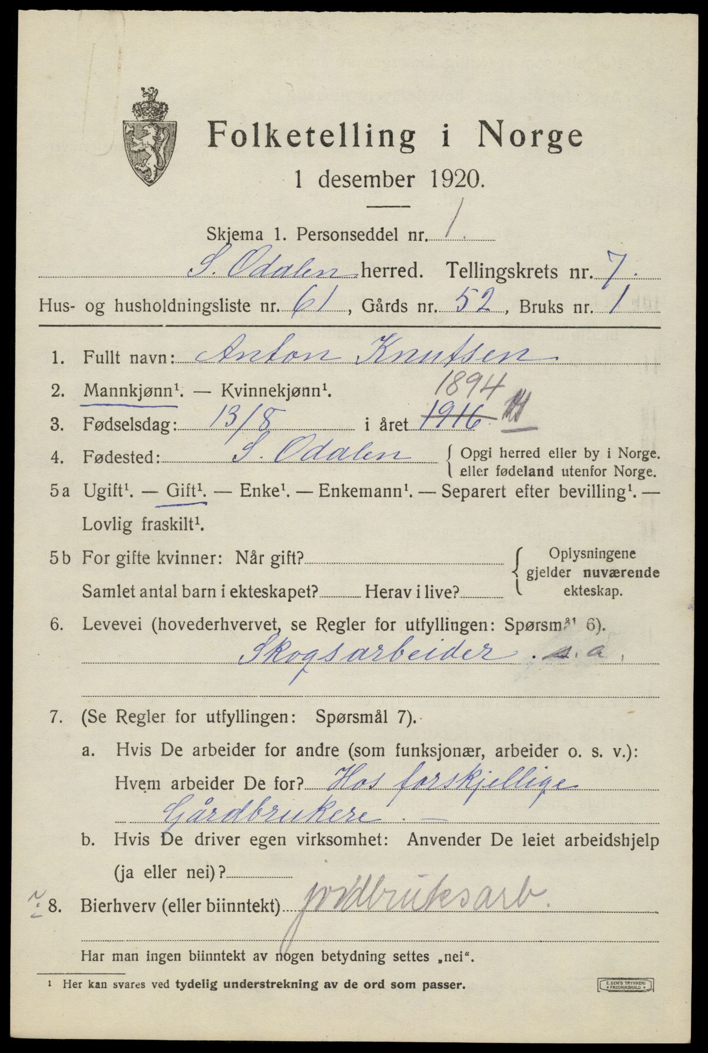 SAH, Folketelling 1920 for 0419 Sør-Odal herred, 1920, s. 9275