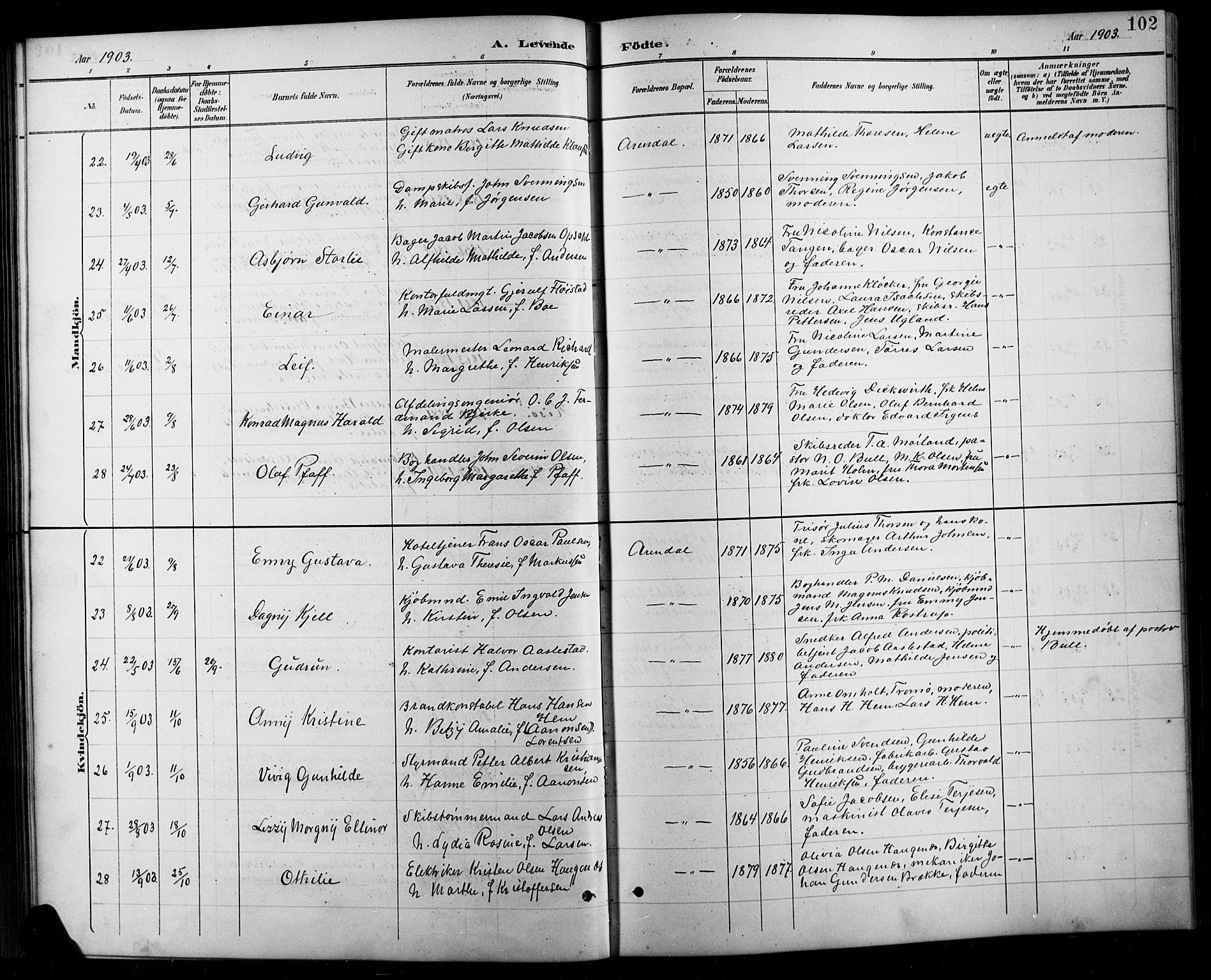 Arendal sokneprestkontor, Trefoldighet, AV/SAK-1111-0040/F/Fb/L0006: Klokkerbok nr. B 6, 1889-1916, s. 102