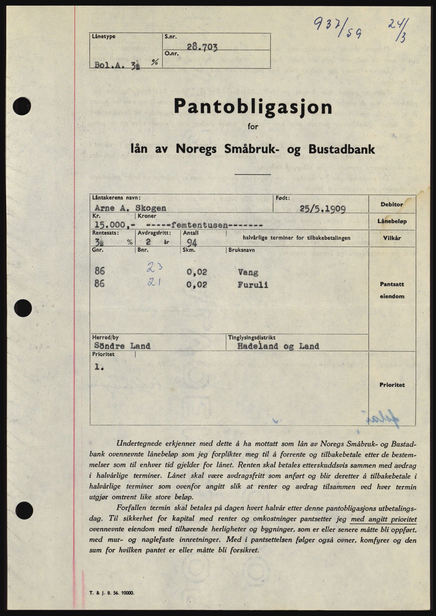 Hadeland og Land tingrett, SAH/TING-010/H/Hb/Hbc/L0040: Pantebok nr. B40, 1959-1959, Dagboknr: 937/1959