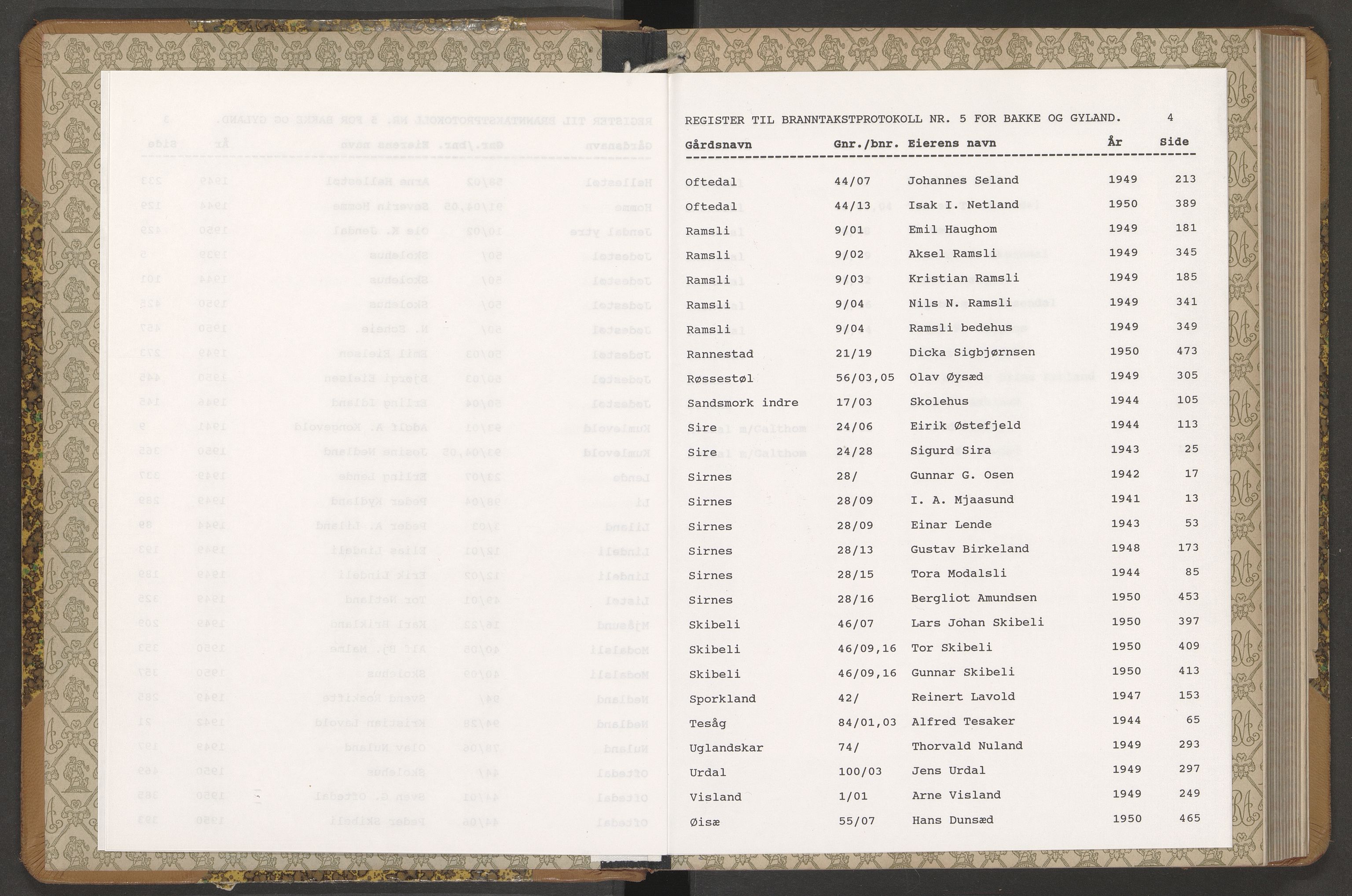 Norges Brannkasse Bakke og Gyland, AV/SAK-2241-0003/F/Fa/L0006: Branntakstprotokoll nr. 5 med gårdsnavnregister, 1939-1950