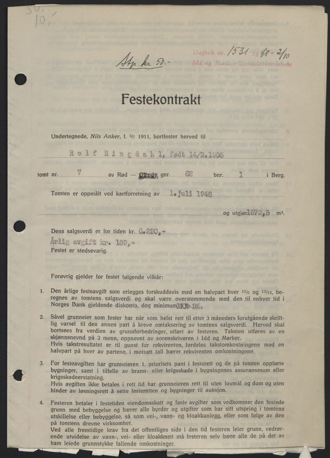 Idd og Marker sorenskriveri, SAO/A-10283/G/Gb/Gbb/L0011: Pantebok nr. A11, 1948-1949, Dagboknr: 1531/1948