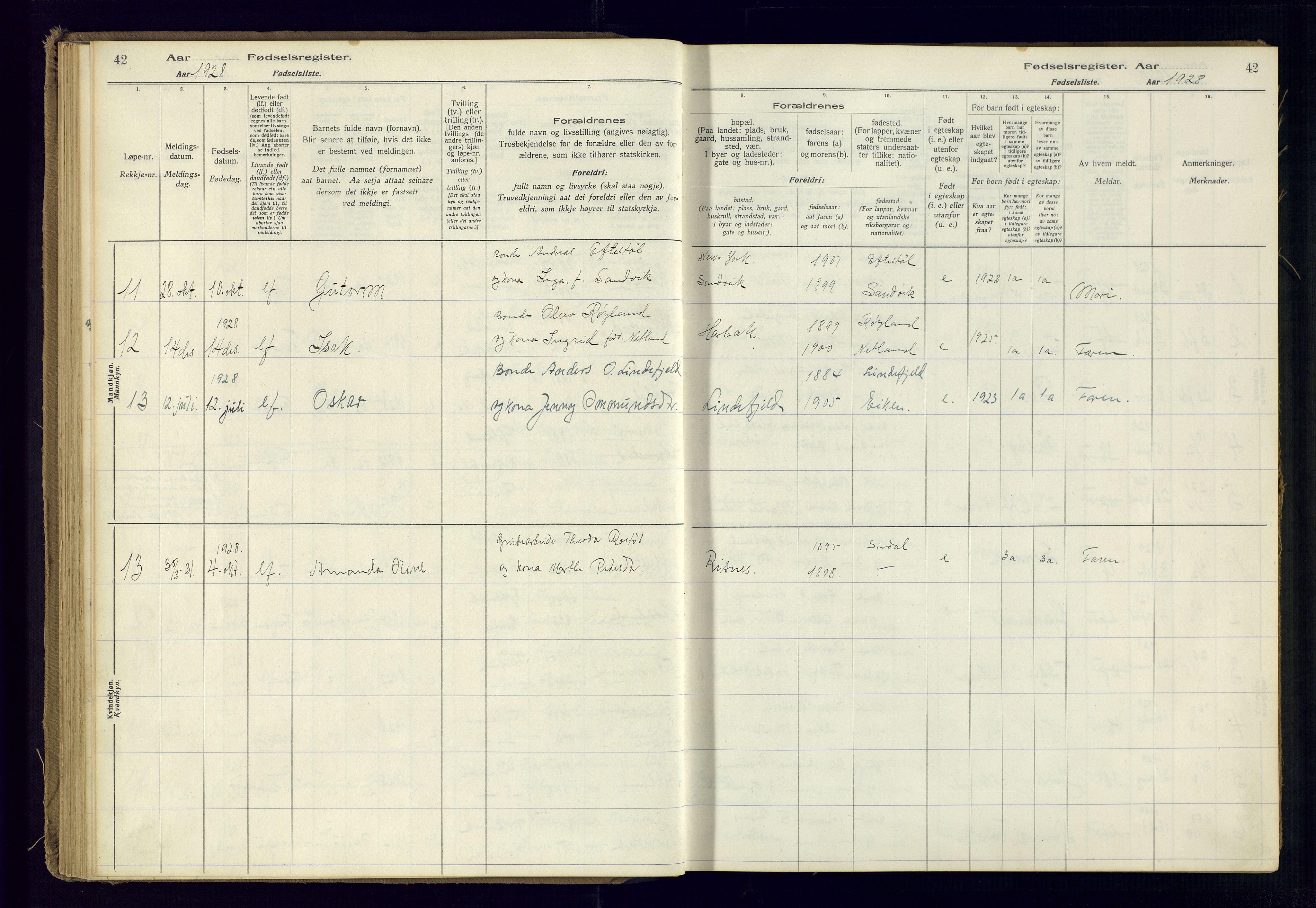 Fjotland sokneprestkontor, AV/SAK-1111-0010/J/Ja/L0001: Fødselsregister nr. 1, 1916-1981, s. 42