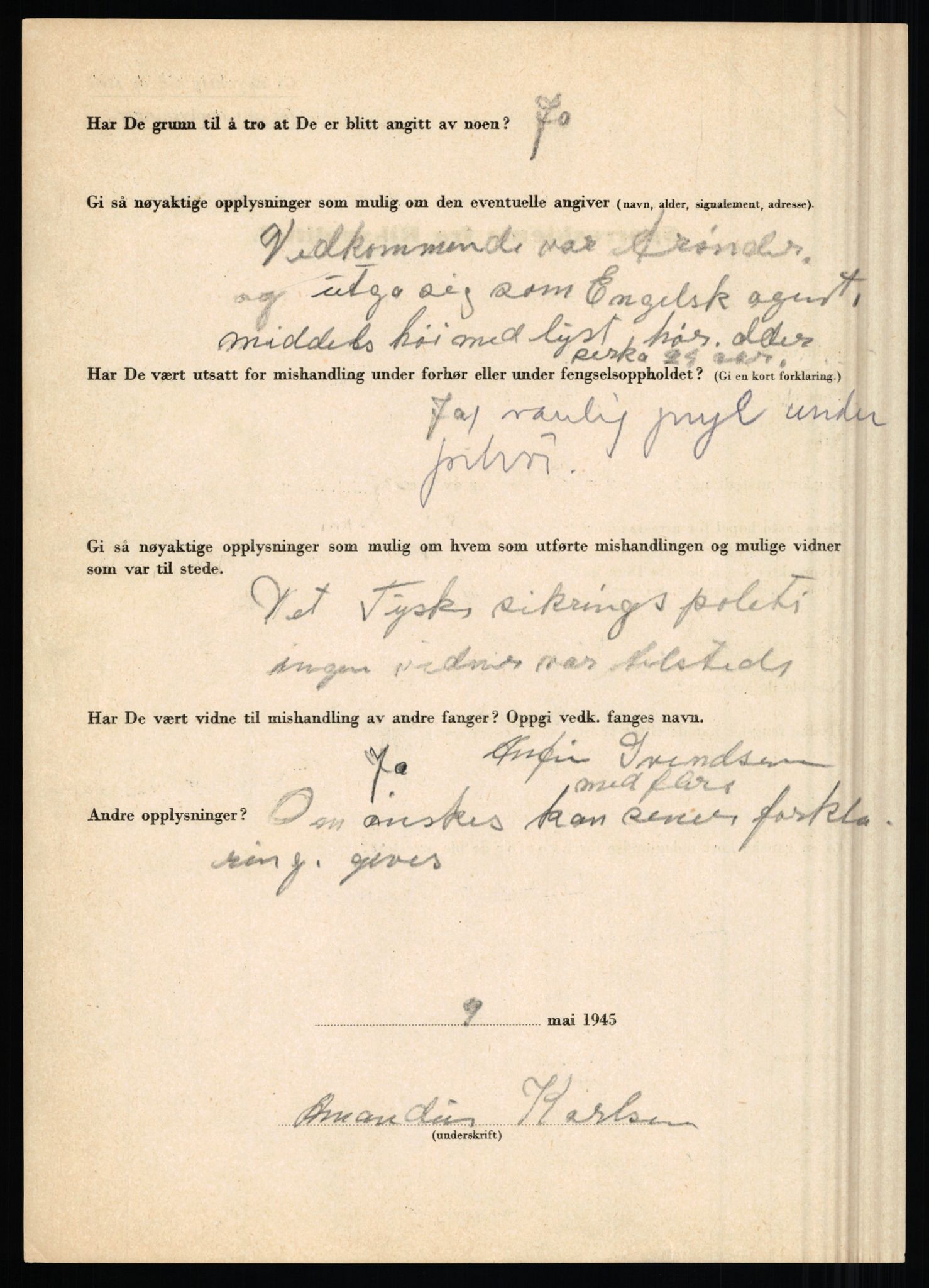 Rikspolitisjefen, AV/RA-S-1560/L/L0009: Karlsen, Aksel Emanuel - Kristiansen, Øivind Vetre, 1940-1945, s. 8