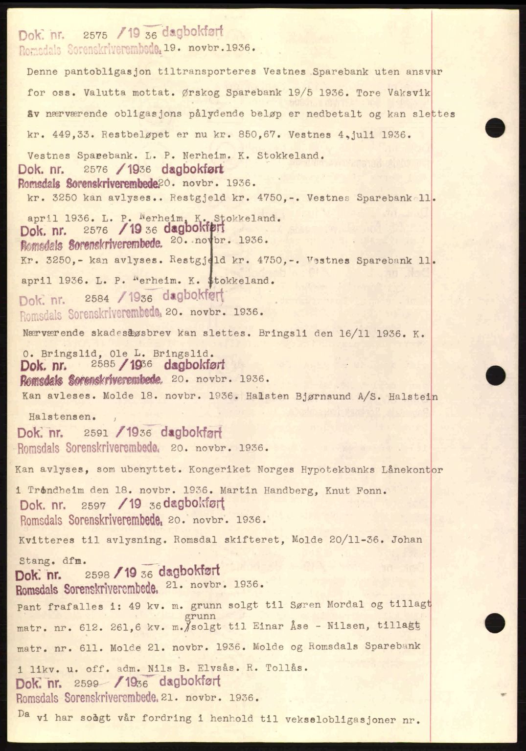 Romsdal sorenskriveri, AV/SAT-A-4149/1/2/2C: Pantebok nr. C1a, 1936-1945, Dagboknr: 2575/1936