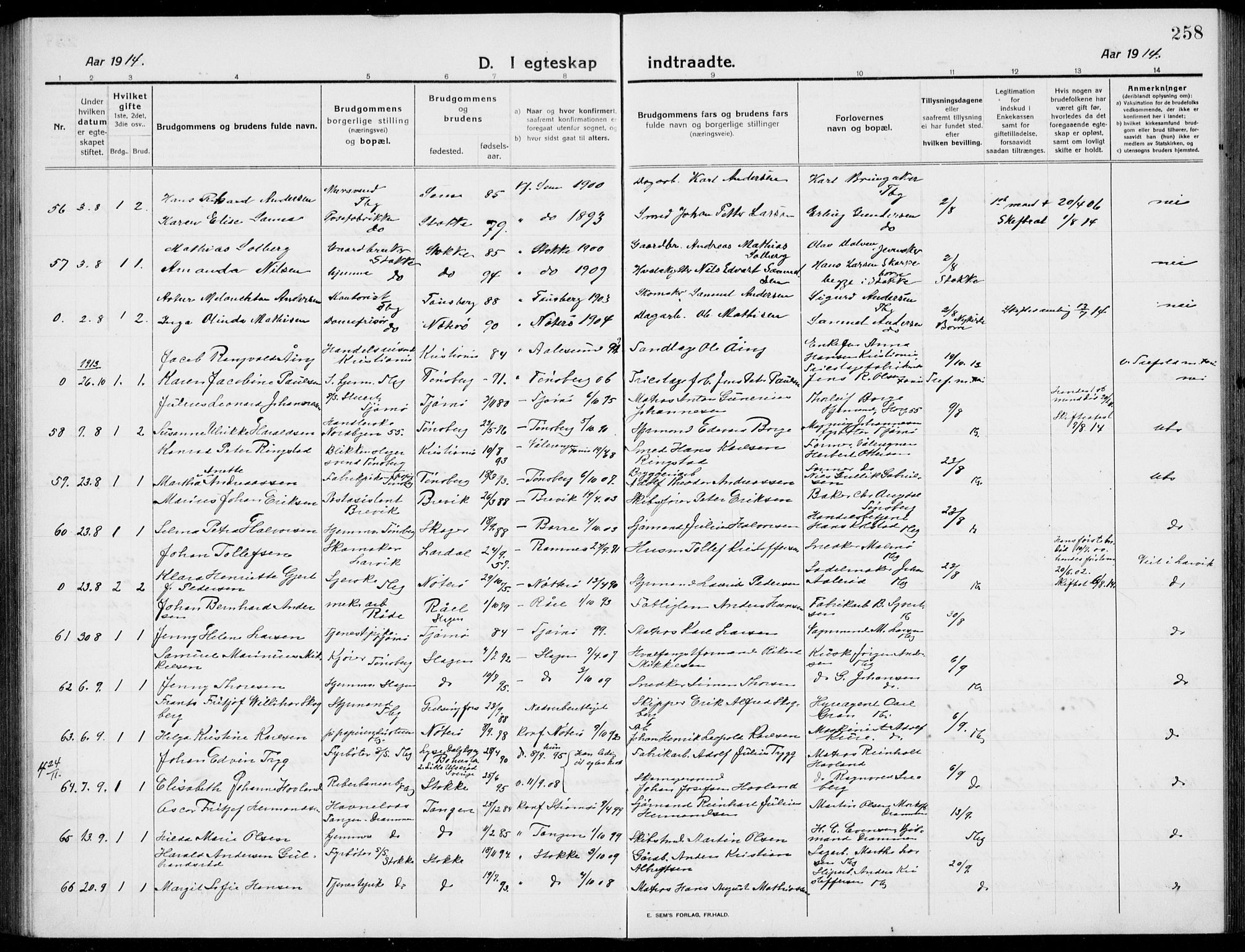 Tønsberg kirkebøker, AV/SAKO-A-330/G/Ga/L0009: Klokkerbok nr. 9, 1913-1920, s. 258