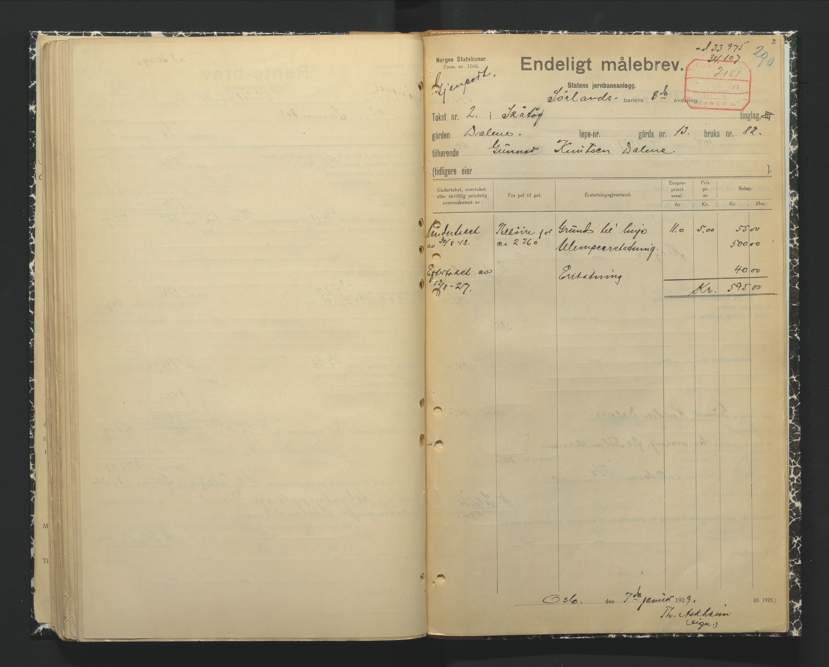 NSB Baneavdelingen, SAK/1821-0004/F/Fc/Fch/L0249/0002: Grunnerstatninger, målebrev / Endelige måle- og rentebrev for Kragerølinja, 1928-1930