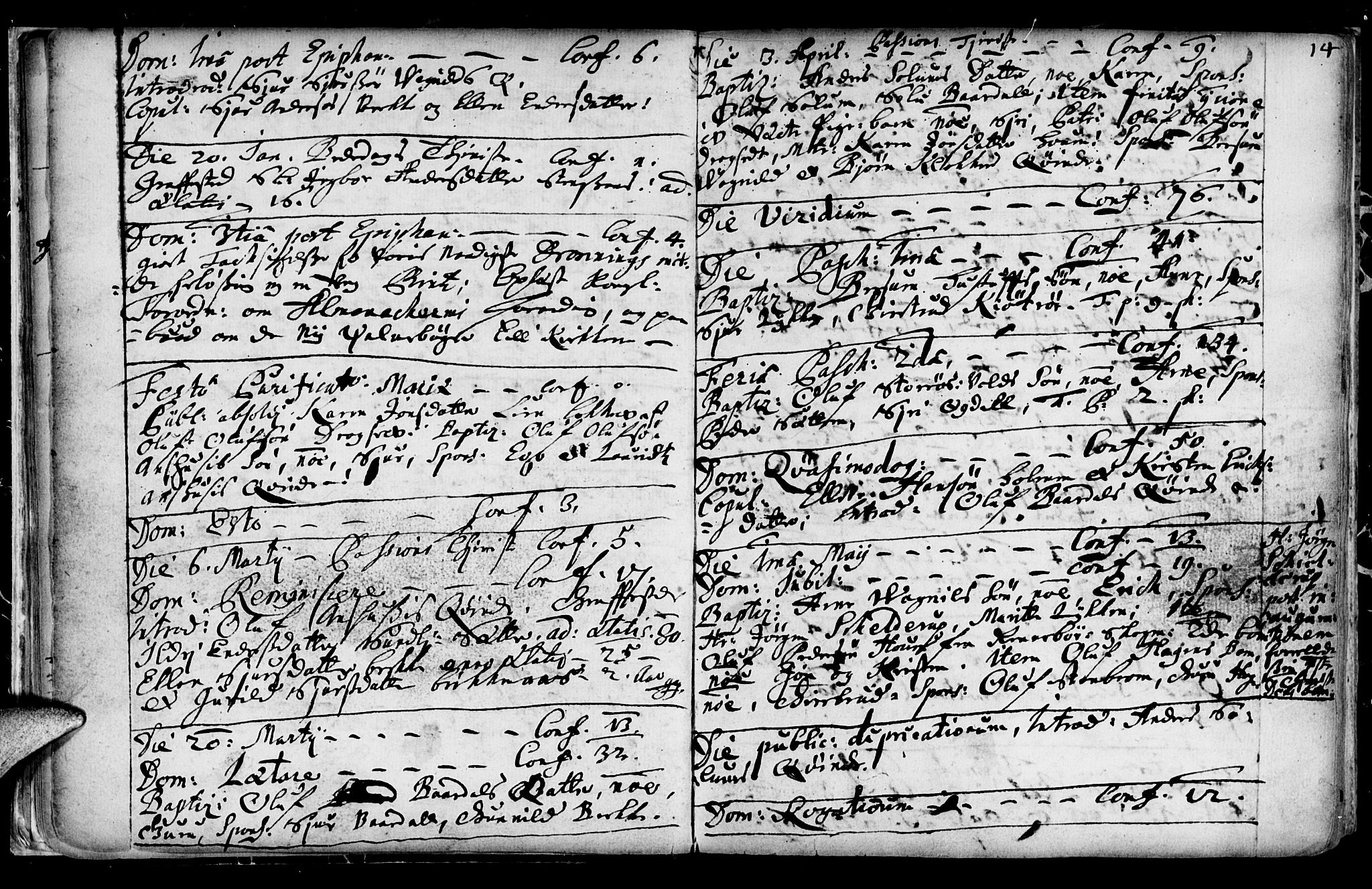 Ministerialprotokoller, klokkerbøker og fødselsregistre - Sør-Trøndelag, AV/SAT-A-1456/689/L1036: Ministerialbok nr. 689A01, 1696-1746, s. 14