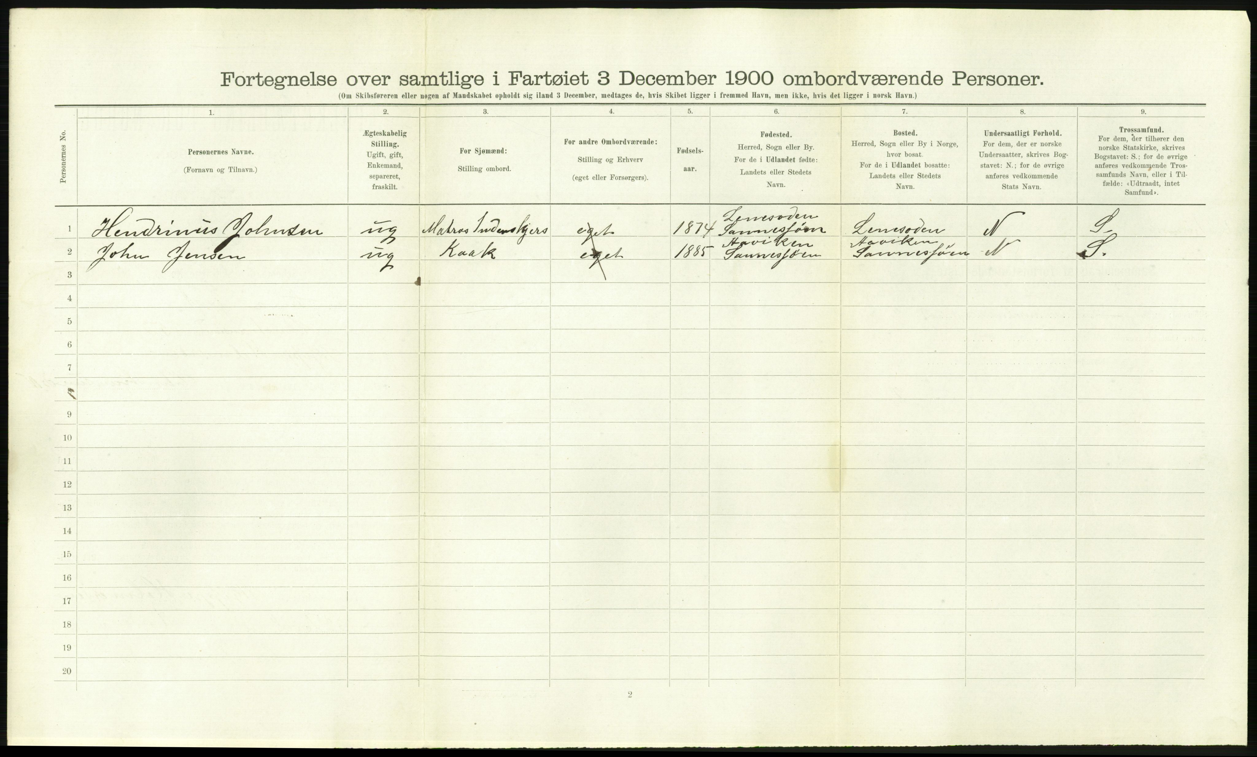 RA, Folketelling 1900 - skipslister med personlister for skip i norske havner, utenlandske havner og til havs, 1900, s. 2178