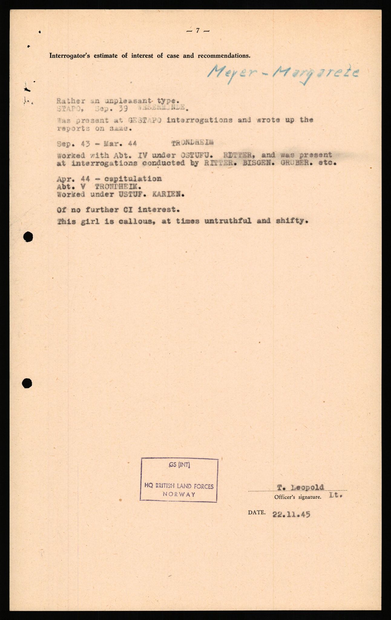 Forsvaret, Forsvarets overkommando II, RA/RAFA-3915/D/Db/L0022: CI Questionaires. Tyske okkupasjonsstyrker i Norge. Tyskere., 1945-1946, s. 106