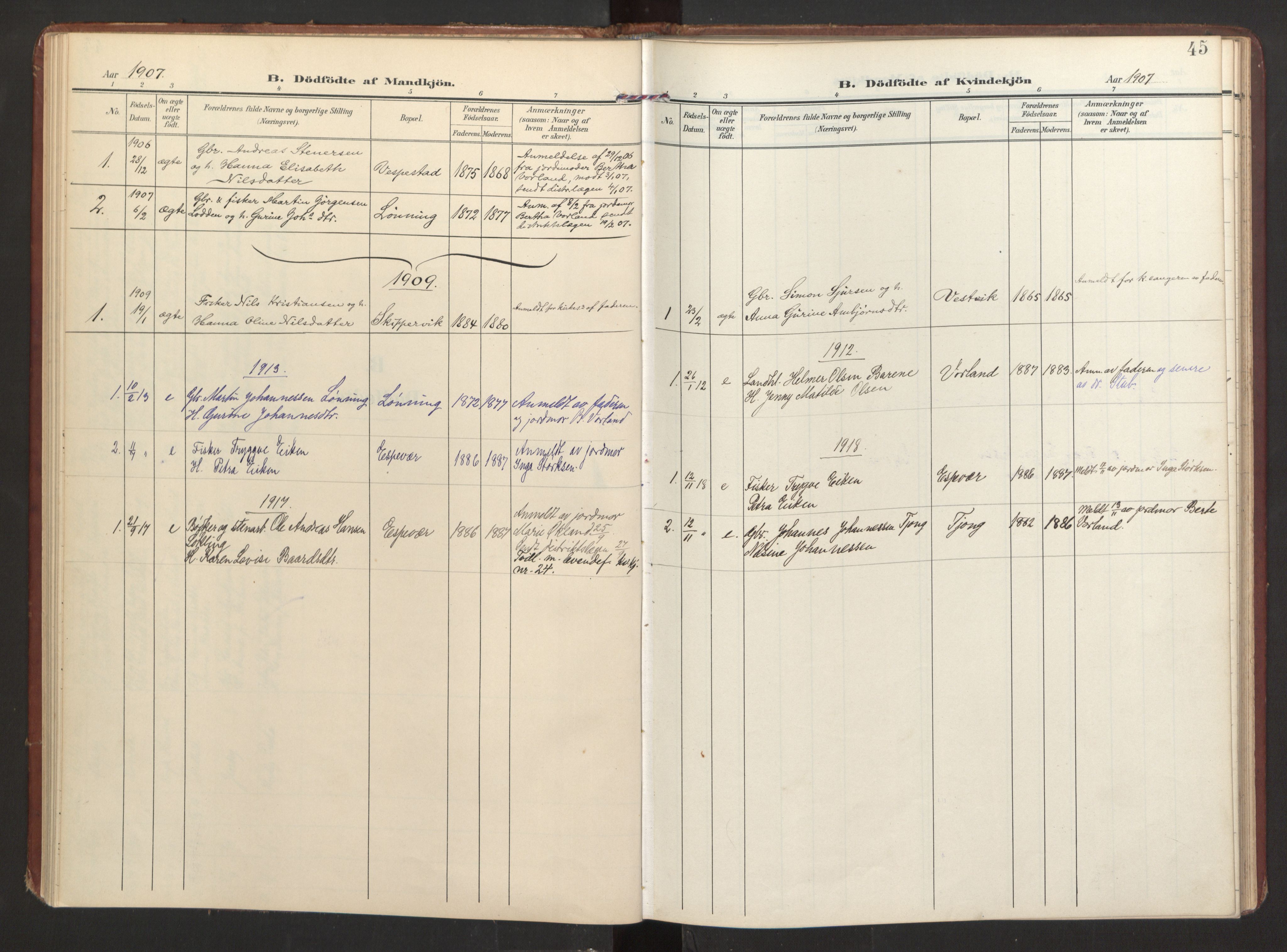 Finnås sokneprestembete, SAB/A-99925/H/Ha/Haa/Haad/L0003: Ministerialbok nr. D 3, 1907-1921, s. 45
