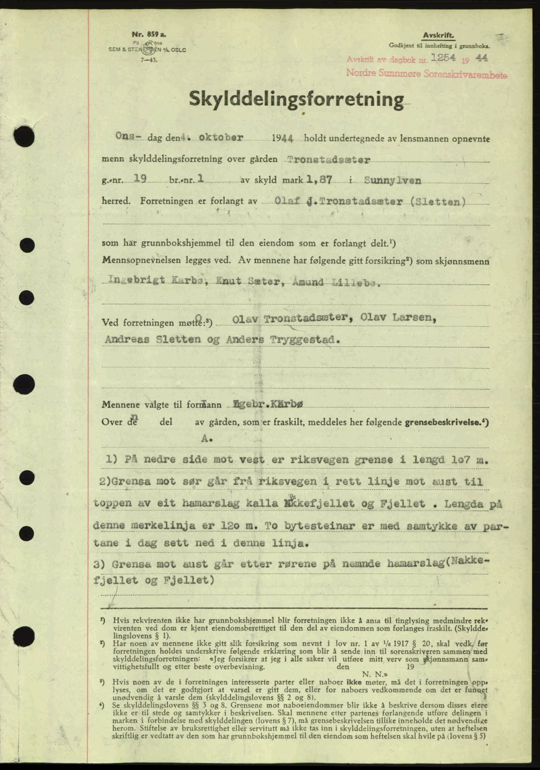 Nordre Sunnmøre sorenskriveri, SAT/A-0006/1/2/2C/2Ca: Pantebok nr. A18, 1944-1944, Dagboknr: 1254/1944