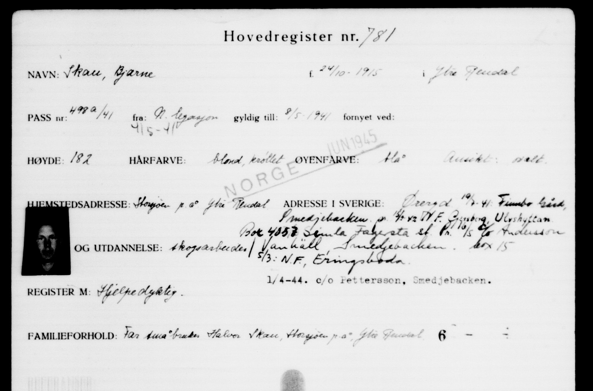 Utenriksstasjonene, Legasjonen i Stockholm, Flyktningkontoret, AV/RA-S-6753/V/Va/L0001: Kjesäterkartoteket, flyktninger med registreringsnr. 1-1000, 1940-1945, s. 1236