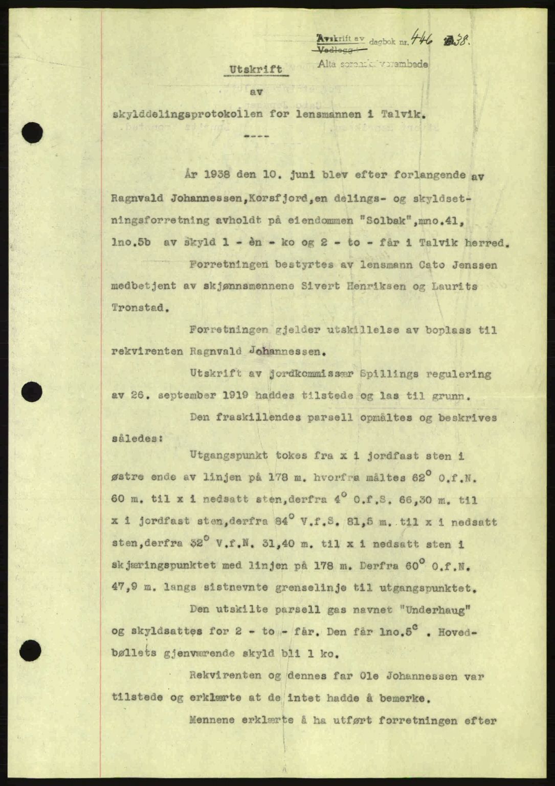Alta fogderi/sorenskriveri, SATØ/SATØ-5/1/K/Kd/L0031pantebok: Pantebok nr. 31, 1938-1939, Dagboknr: 446/1938