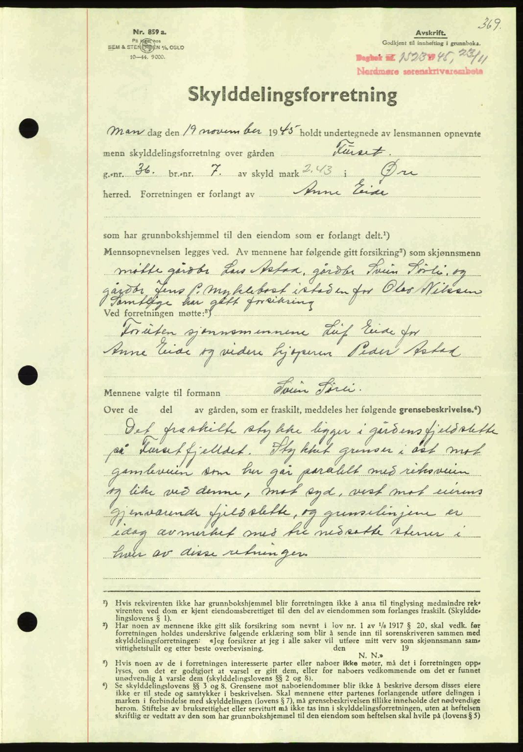 Nordmøre sorenskriveri, AV/SAT-A-4132/1/2/2Ca: Pantebok nr. A100a, 1945-1945, Dagboknr: 1523/1945