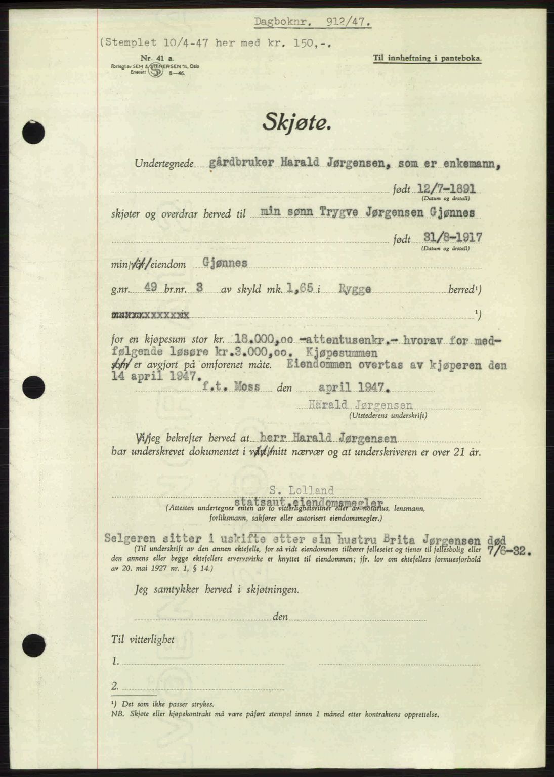 Moss sorenskriveri, SAO/A-10168: Pantebok nr. A17, 1947-1947, Dagboknr: 912/1947