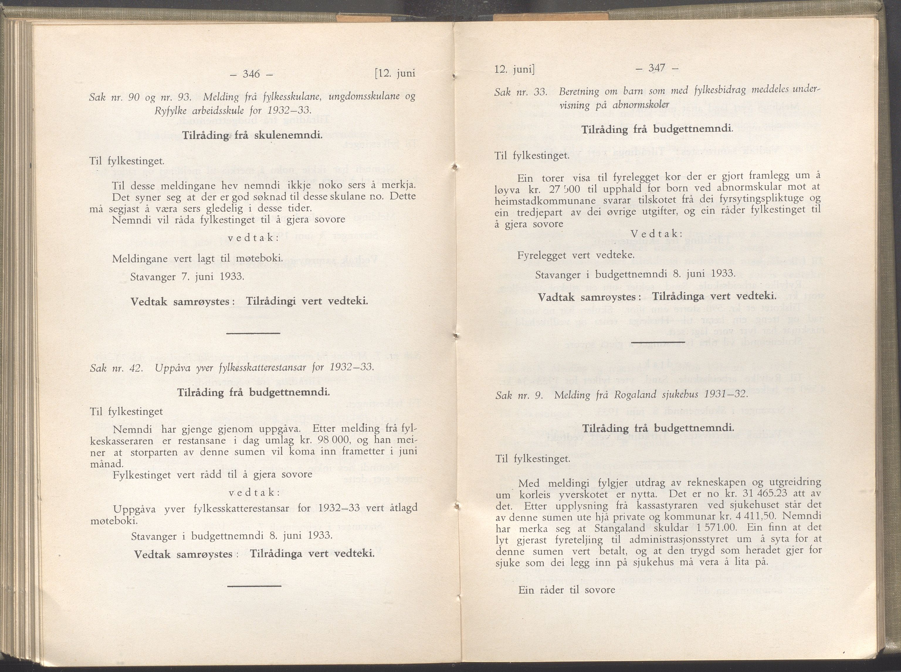 Rogaland fylkeskommune - Fylkesrådmannen , IKAR/A-900/A/Aa/Aaa/L0052: Møtebok , 1933, s. 346-347