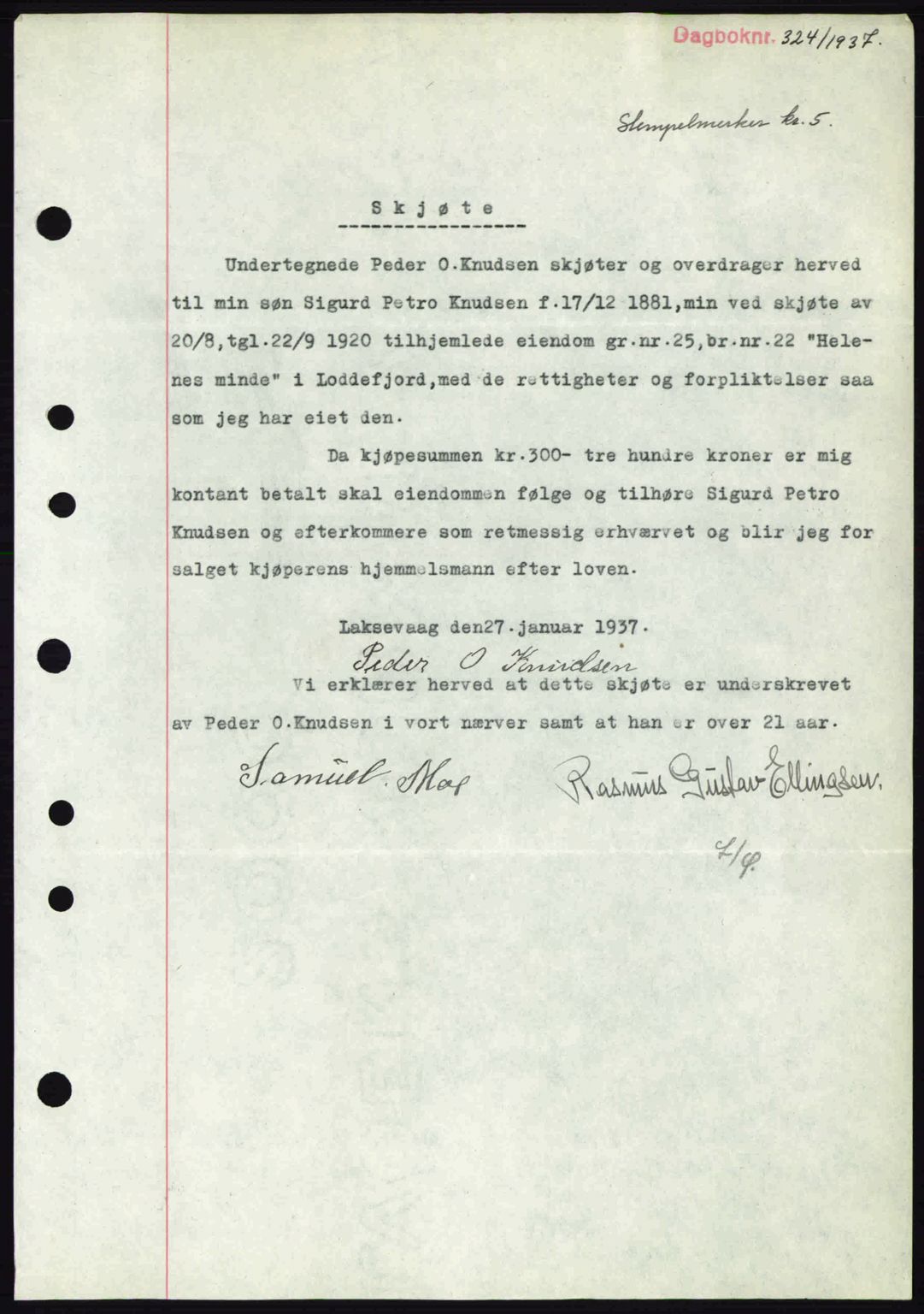 Midhordland sorenskriveri, SAB/A-3001/1/G/Gb/Gbk/L0001: Pantebok nr. A1-6, 1936-1937, Dagboknr: 324/1937